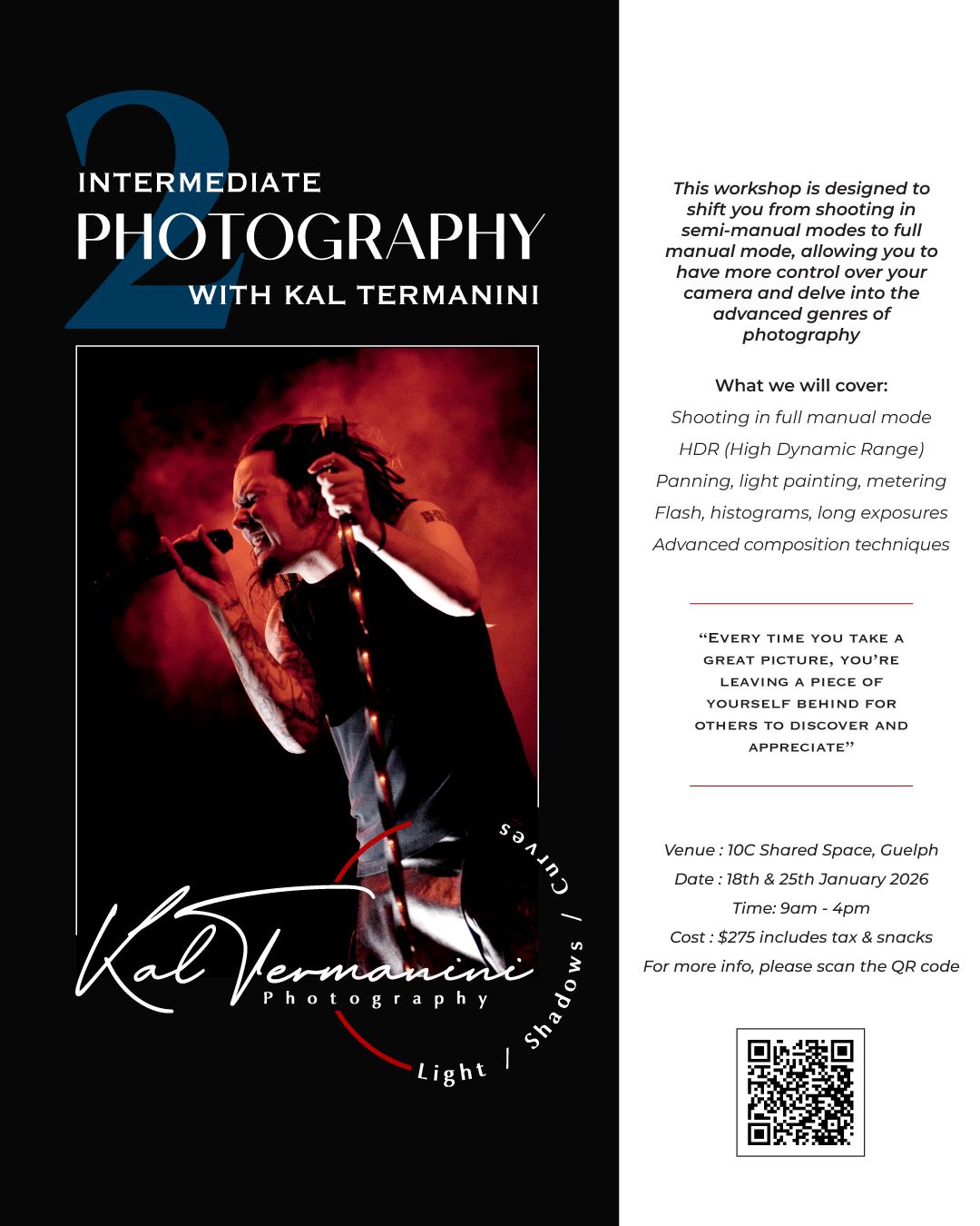 Photography workshop promotional banner with red dramatic lighting effects.