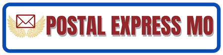 Postal Express MO logo featuring a red envelope icon and bold red text on a white banner with blue border.