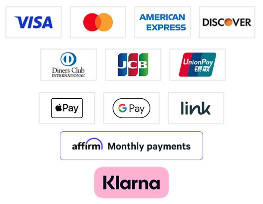 Payment method logos including Visa, Mastercard, Amex, Discover, JCB, UnionPay, Apple Pay, Google Pay, Affirm, and Klarna.