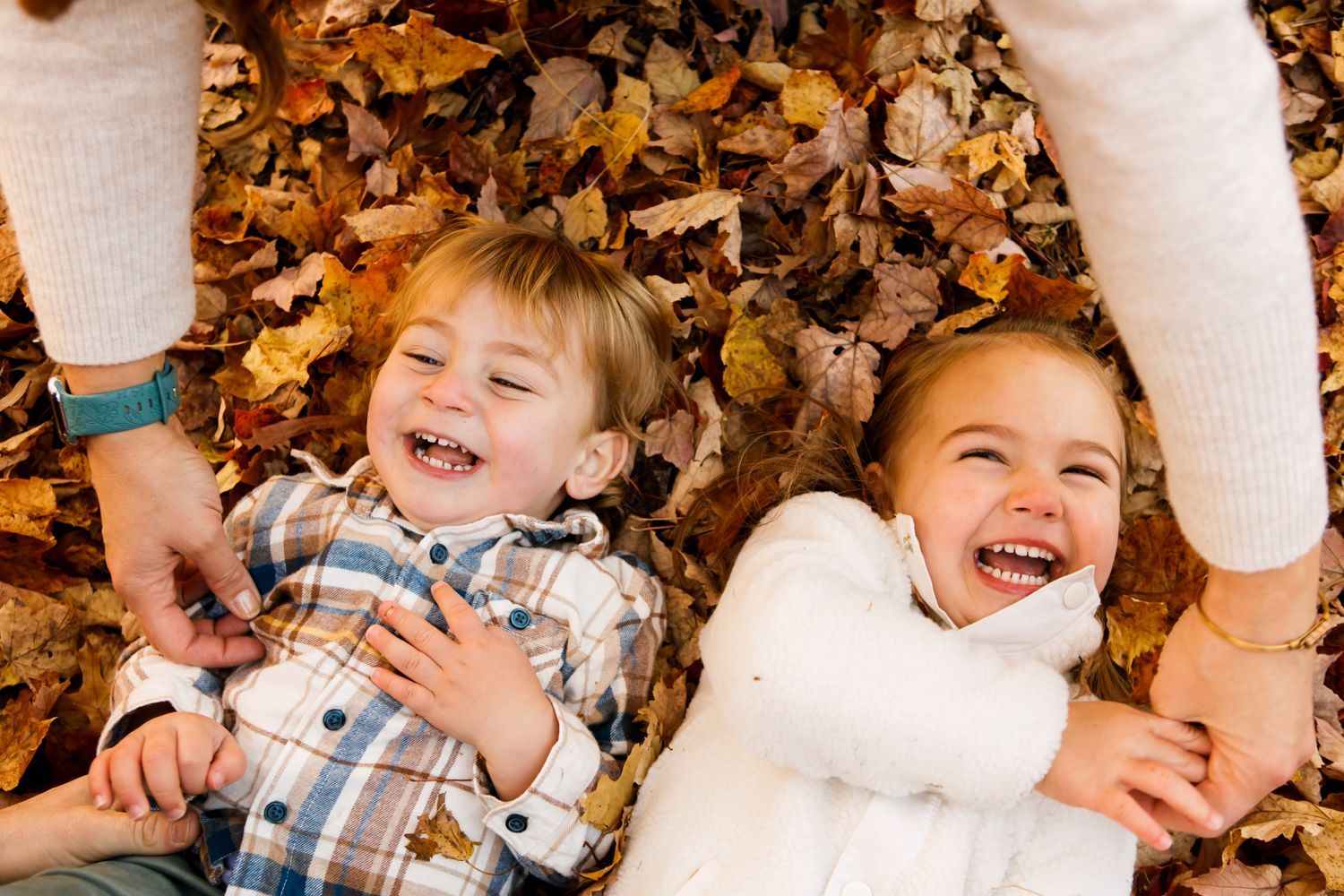Two smiling children lying in fall leaves while adults hold their hands from above.