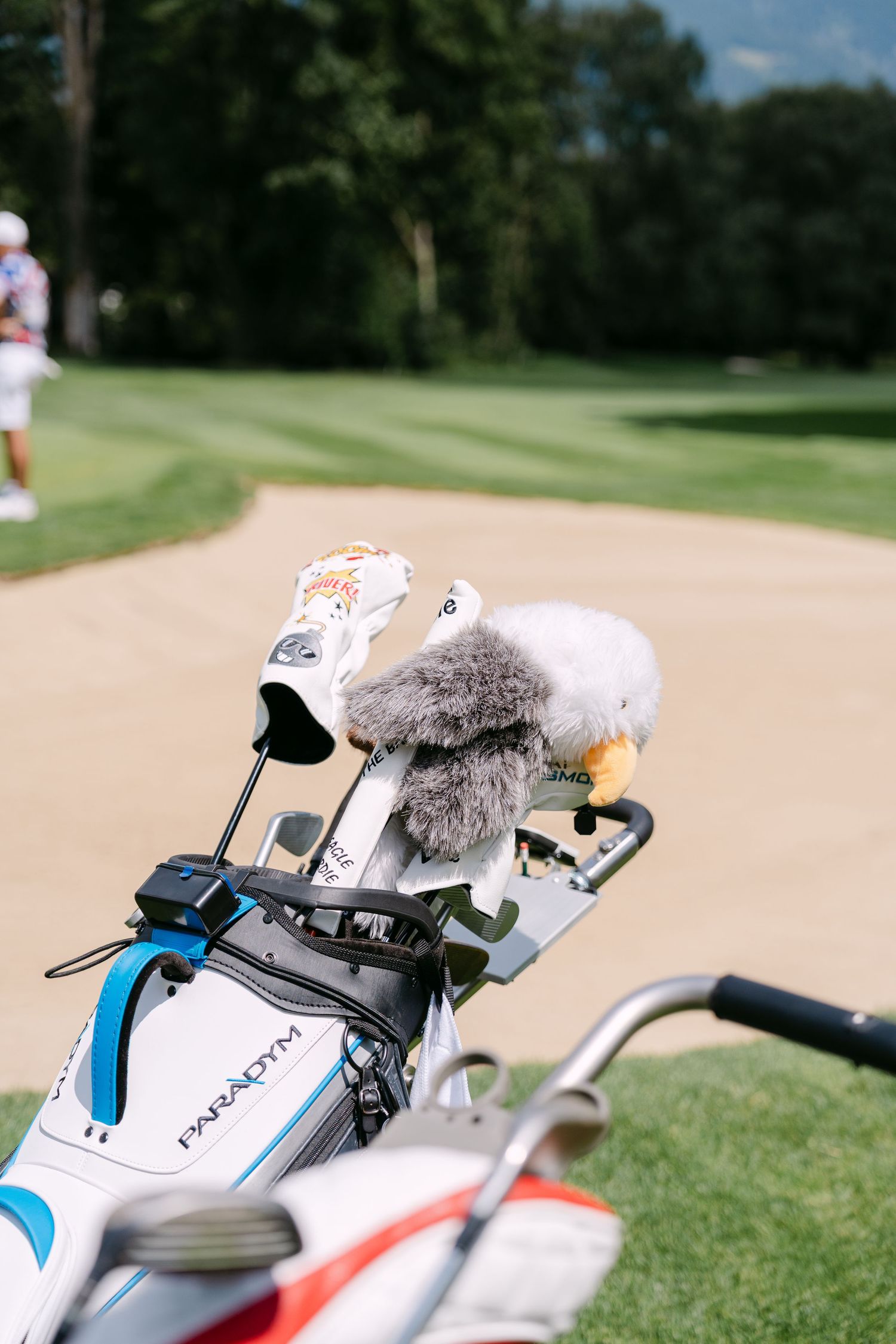 Professional camera equipment with windscreens set up on golf course.
