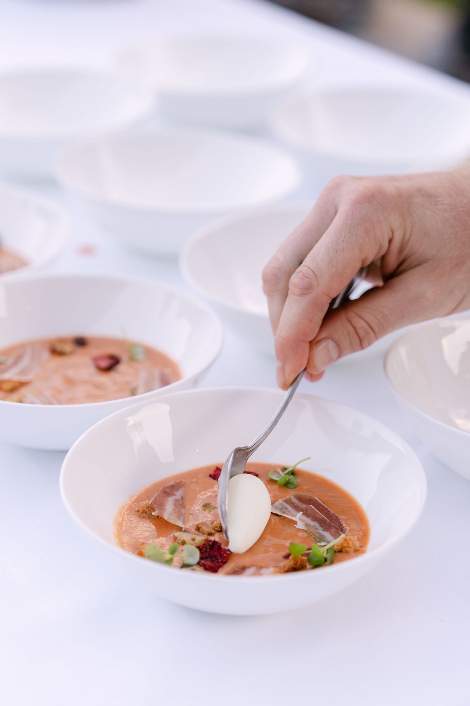 Chef plating a creamy pink soup garnished with fresh herbs in white bowls.