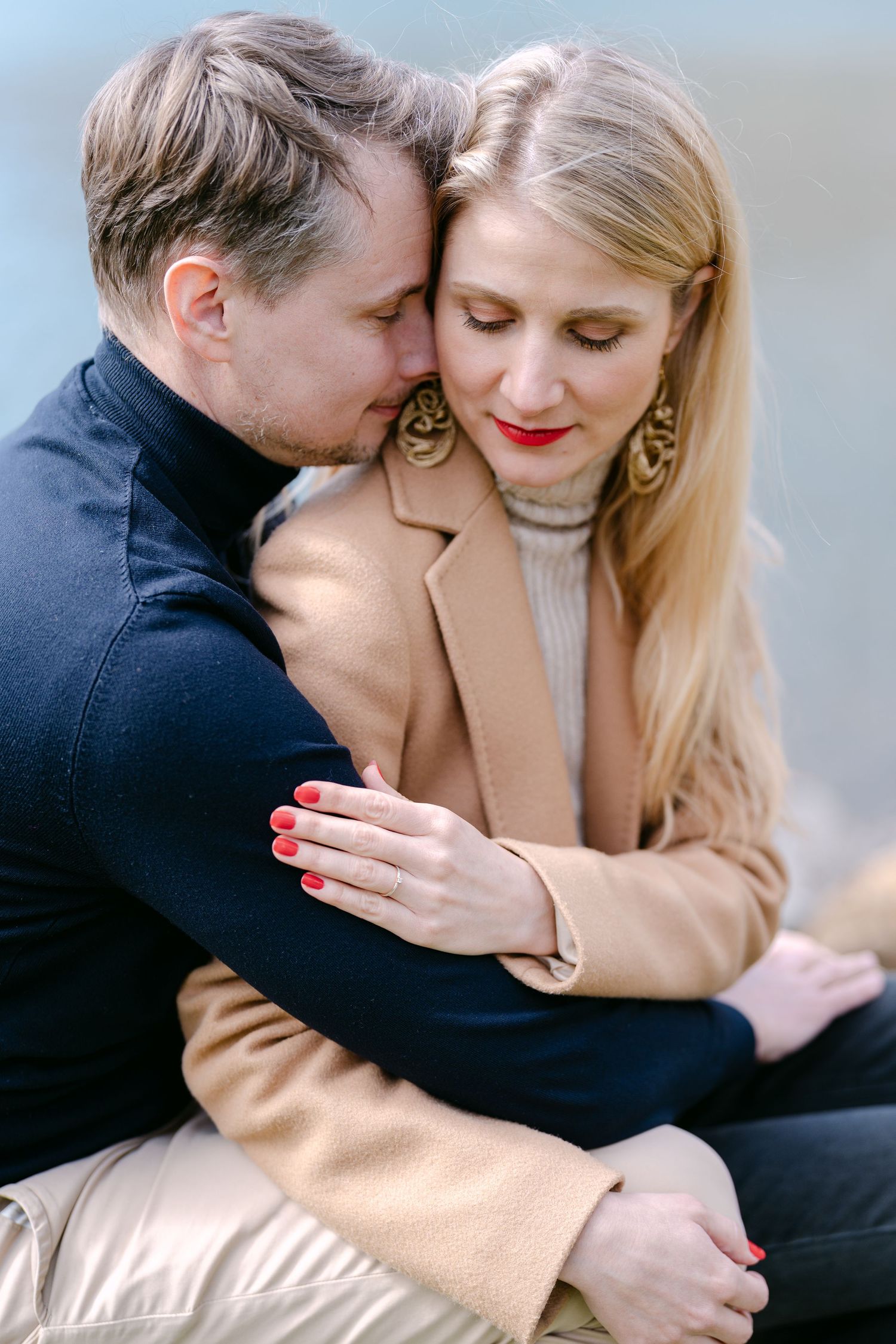 Romantic couple sharing intimate moments in a series of close-up shots against a soft background.