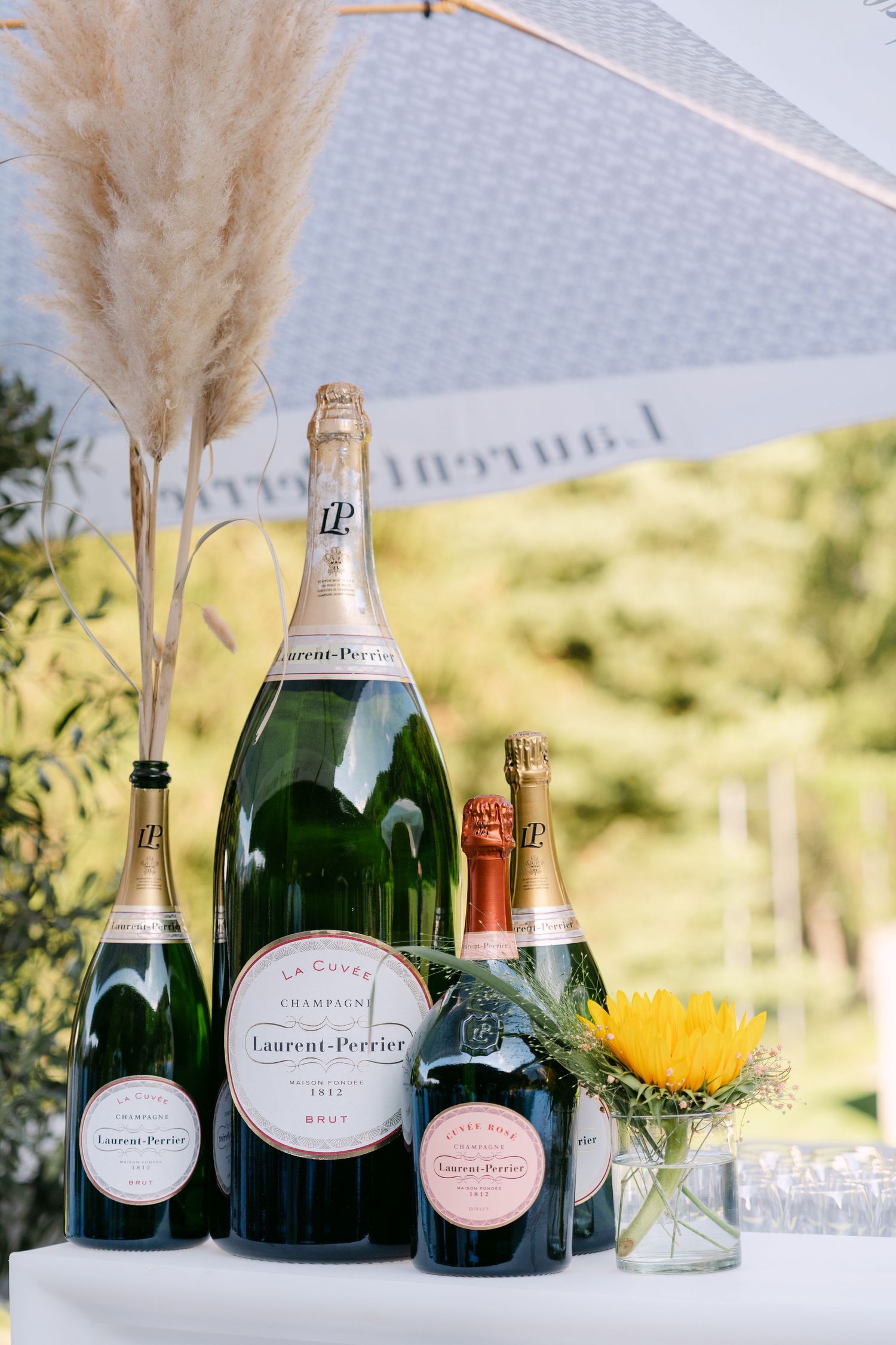 Three bottles of Laurent-Perrier champagne with pampas grass decoration and yellow flower on white table.