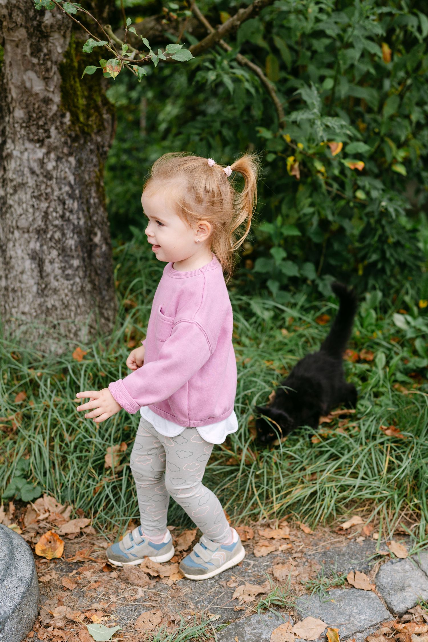 A toddler in a pink sweater explores fallen autumn leaves along a wooded path.