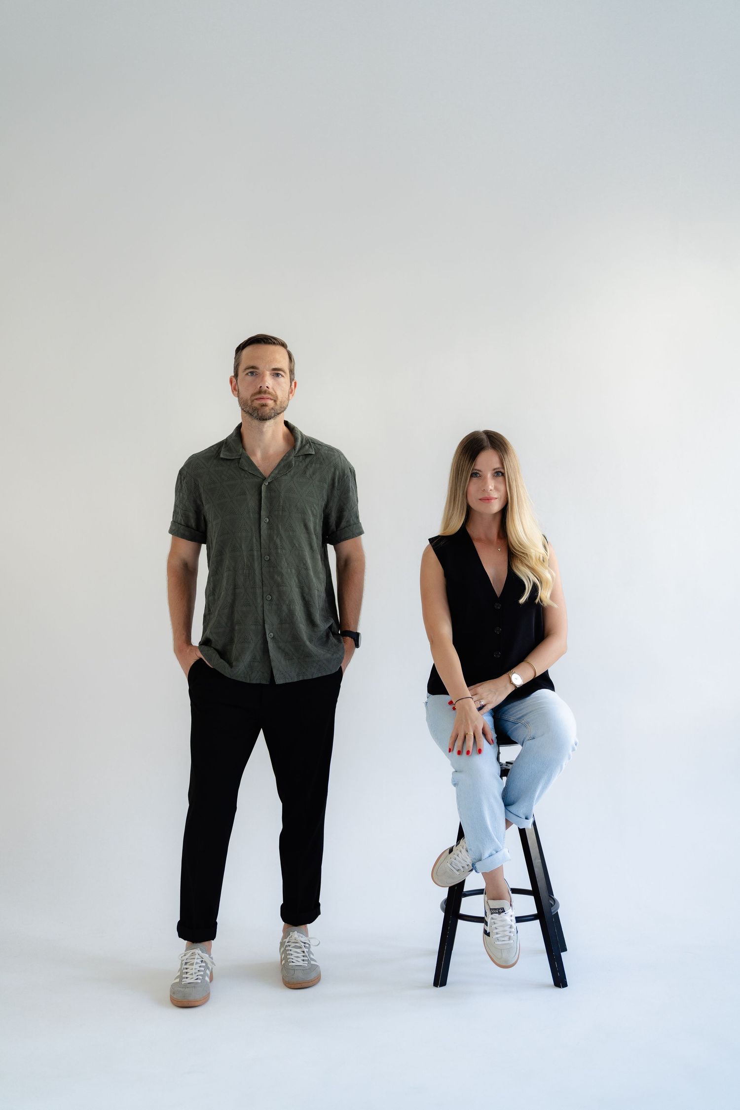 Studio portraits against white backdrop showing casual lifestyle poses.