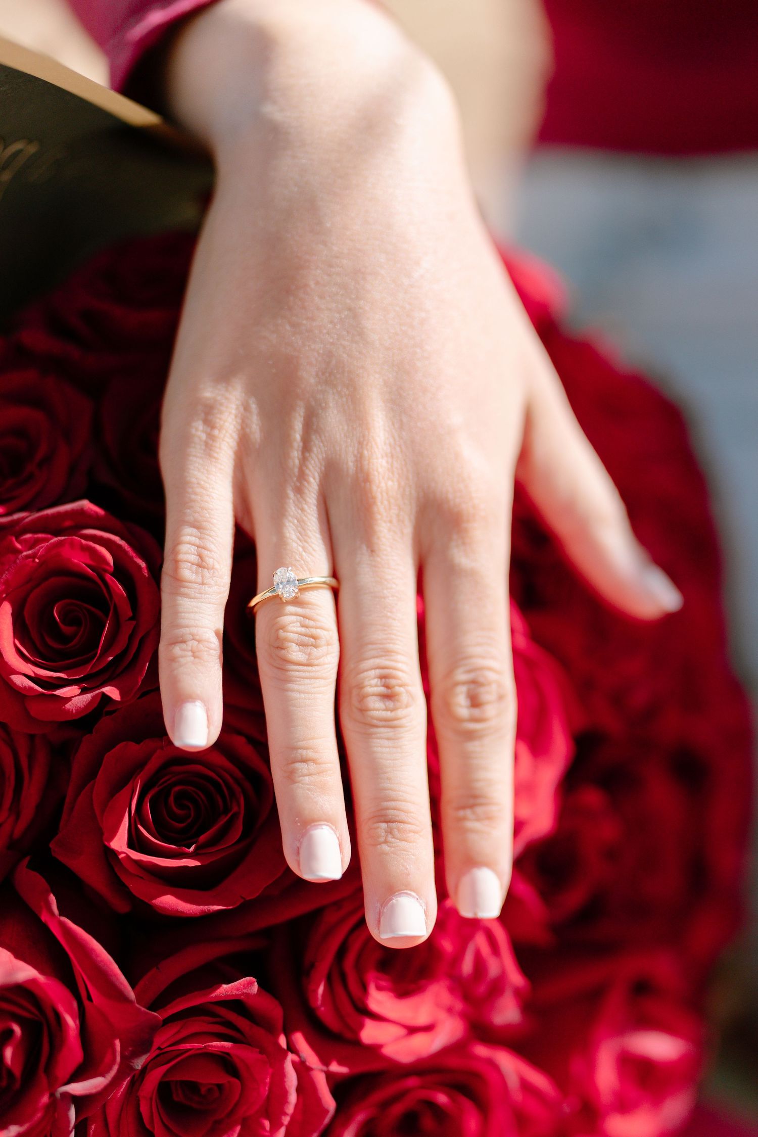 An engagement ring sparkles on a hand resting on a bouquet of deep red roses.