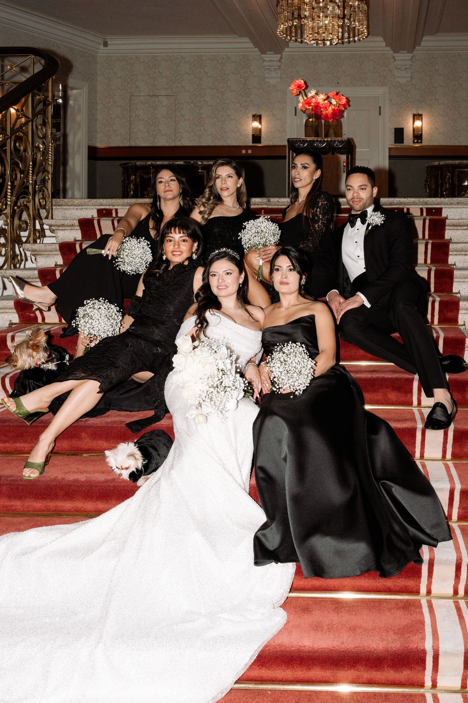Wedding party in black and white attire poses playfully on red carpeted stairs.