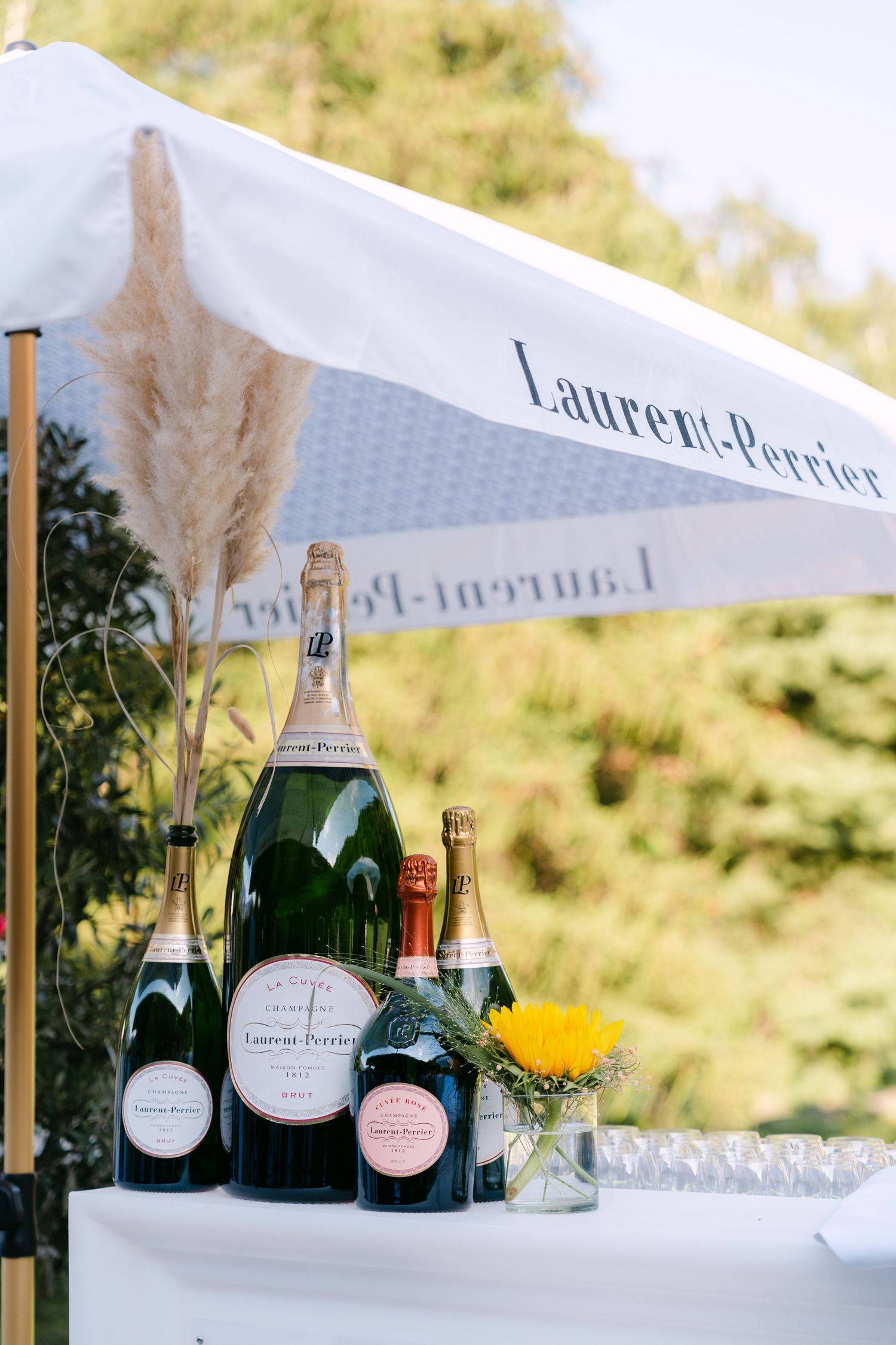 Laurent-Perrier champagne bottles displayed under branded white umbrella with pampas grass decoration.