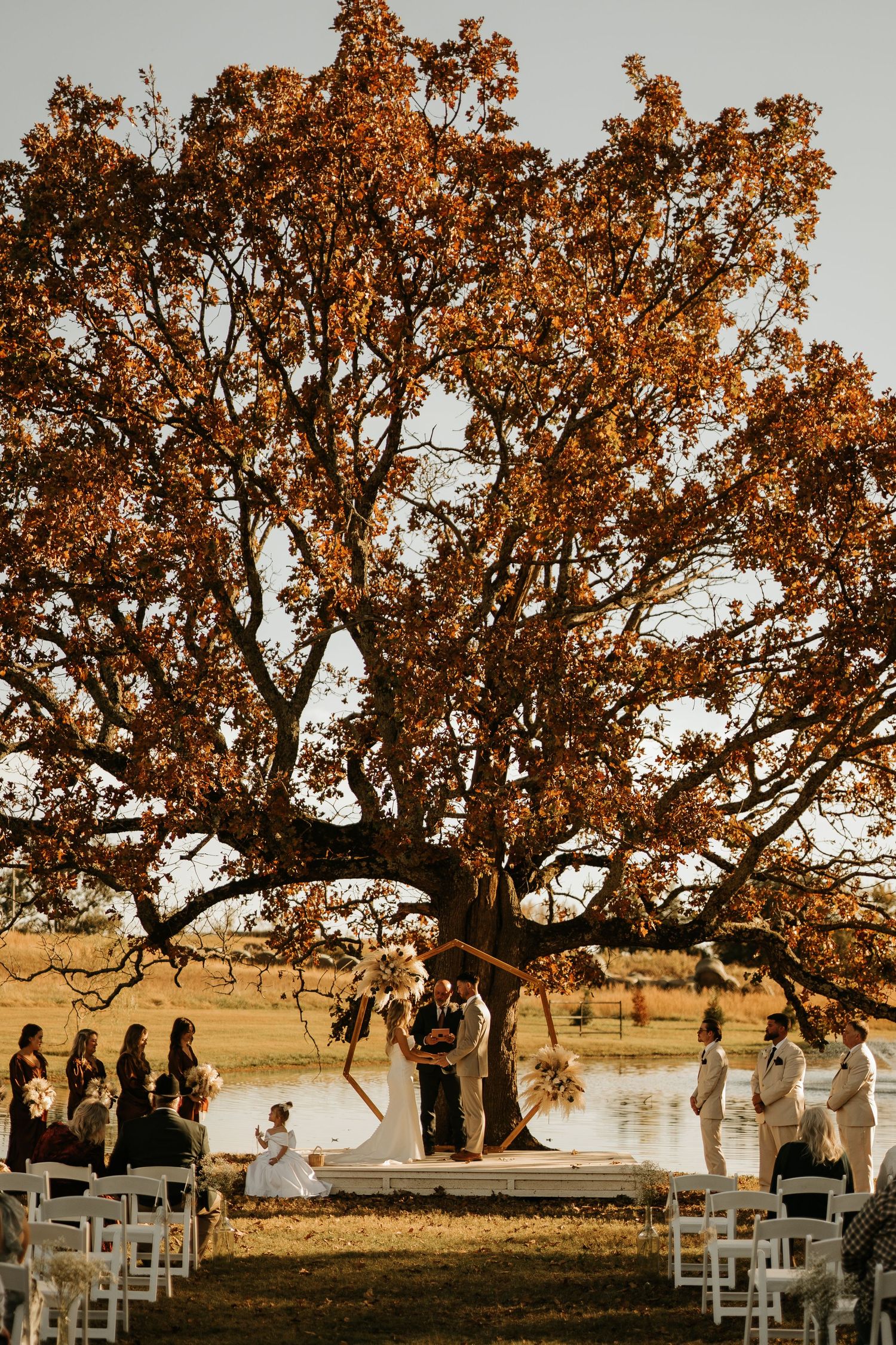 Outdoor fall wedding ceremony under a large oak tree with golden leaves beside a serene pond.