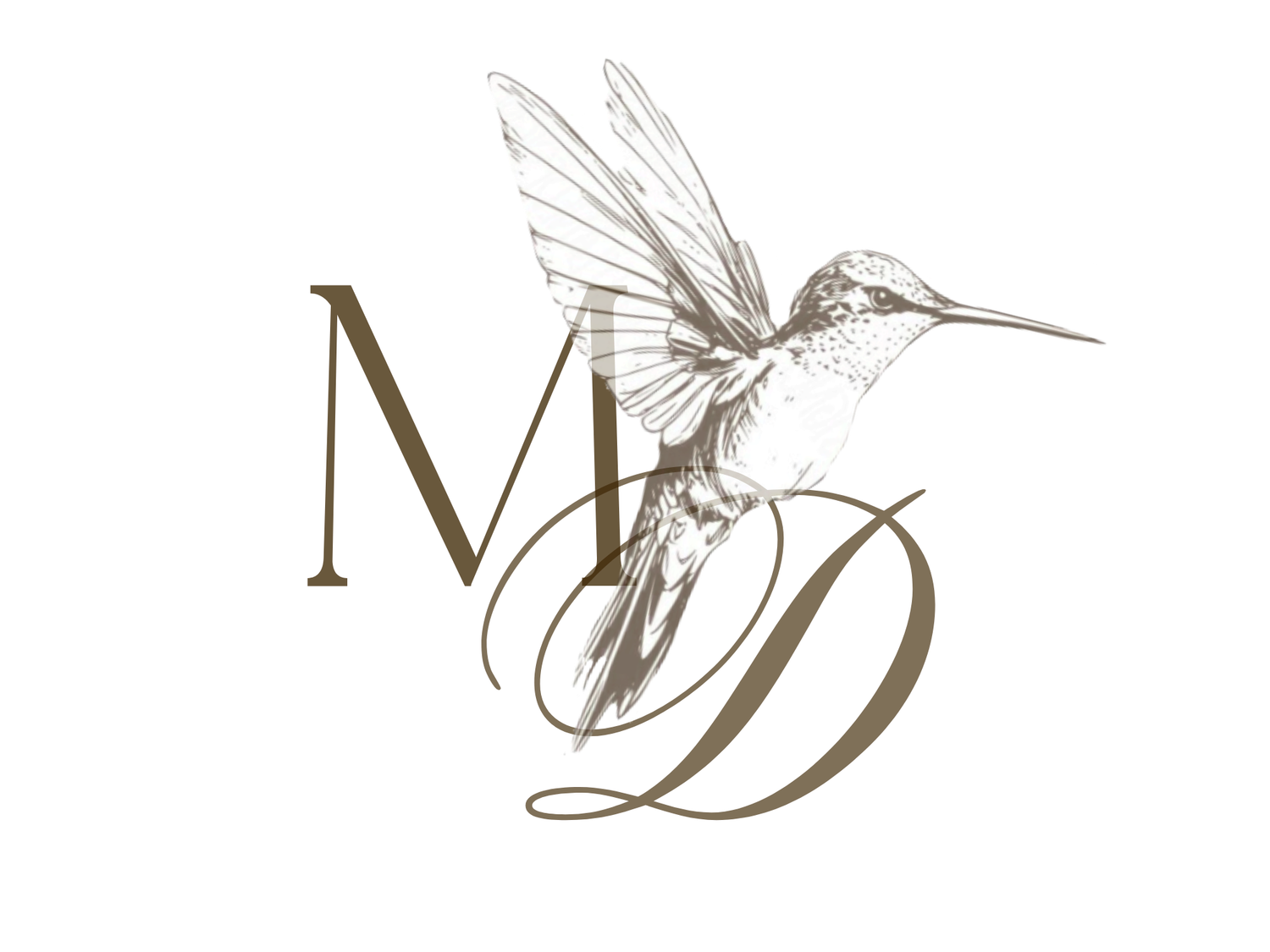 Elegant MD monogram logo with detailed hummingbird illustration in gold and brown tones.