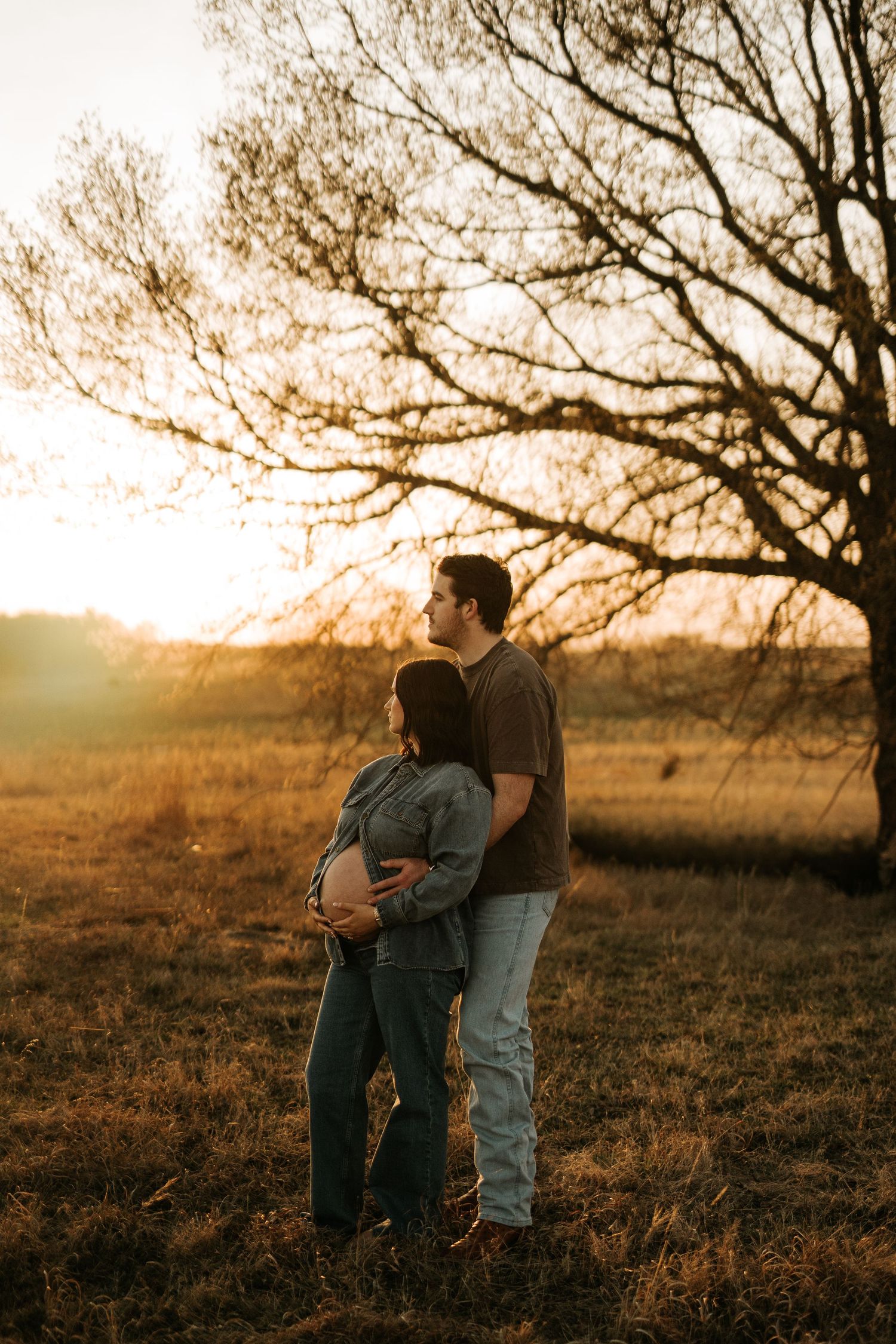 Couple embracing at golden hour in a field, man kissing pregnant woman's head near a bare tree at sunset.
