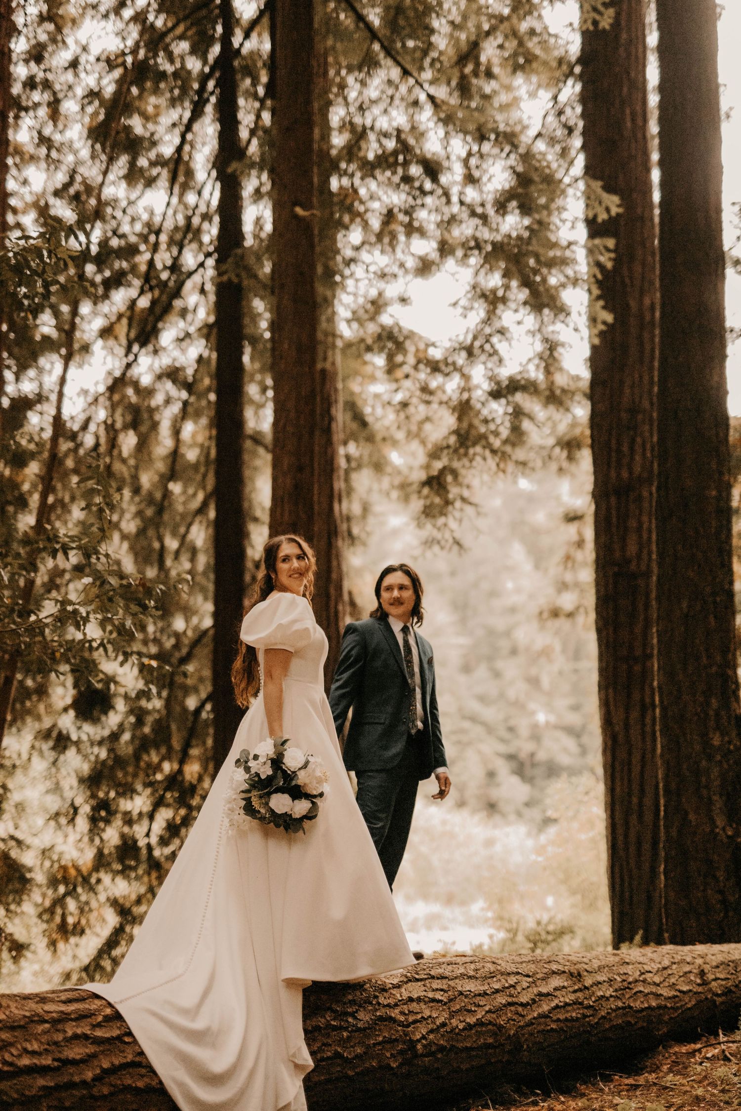 A couple stands on a fallen tree trunk in a serene redwood forest.