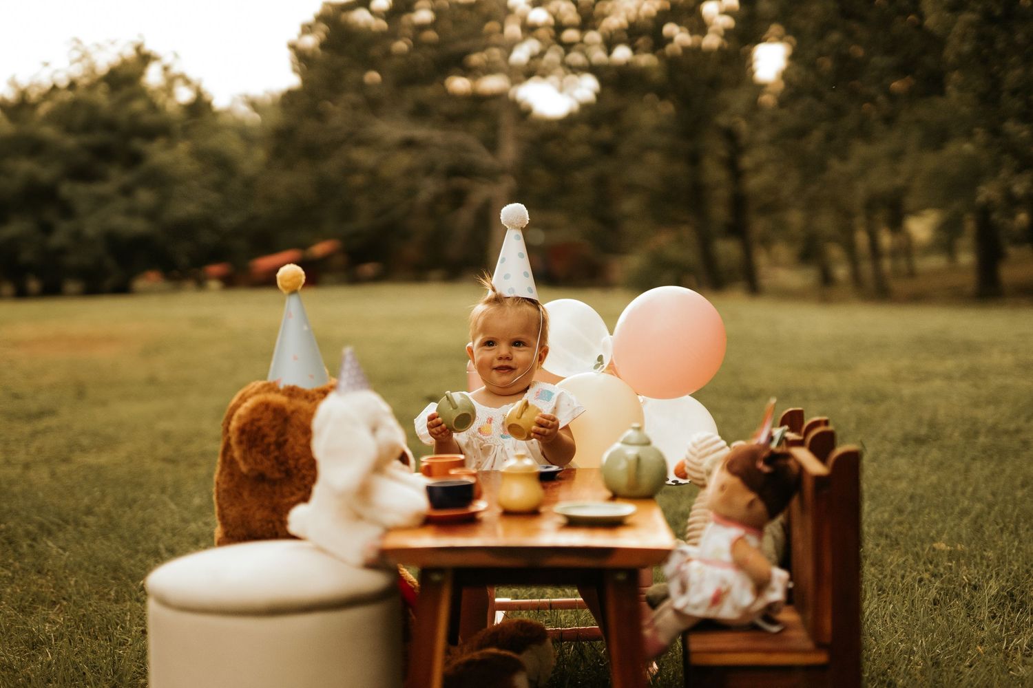 Toddler in party hat celebrates birthday at outdoor table with stuffed animals, balloons, and cake on green lawn.