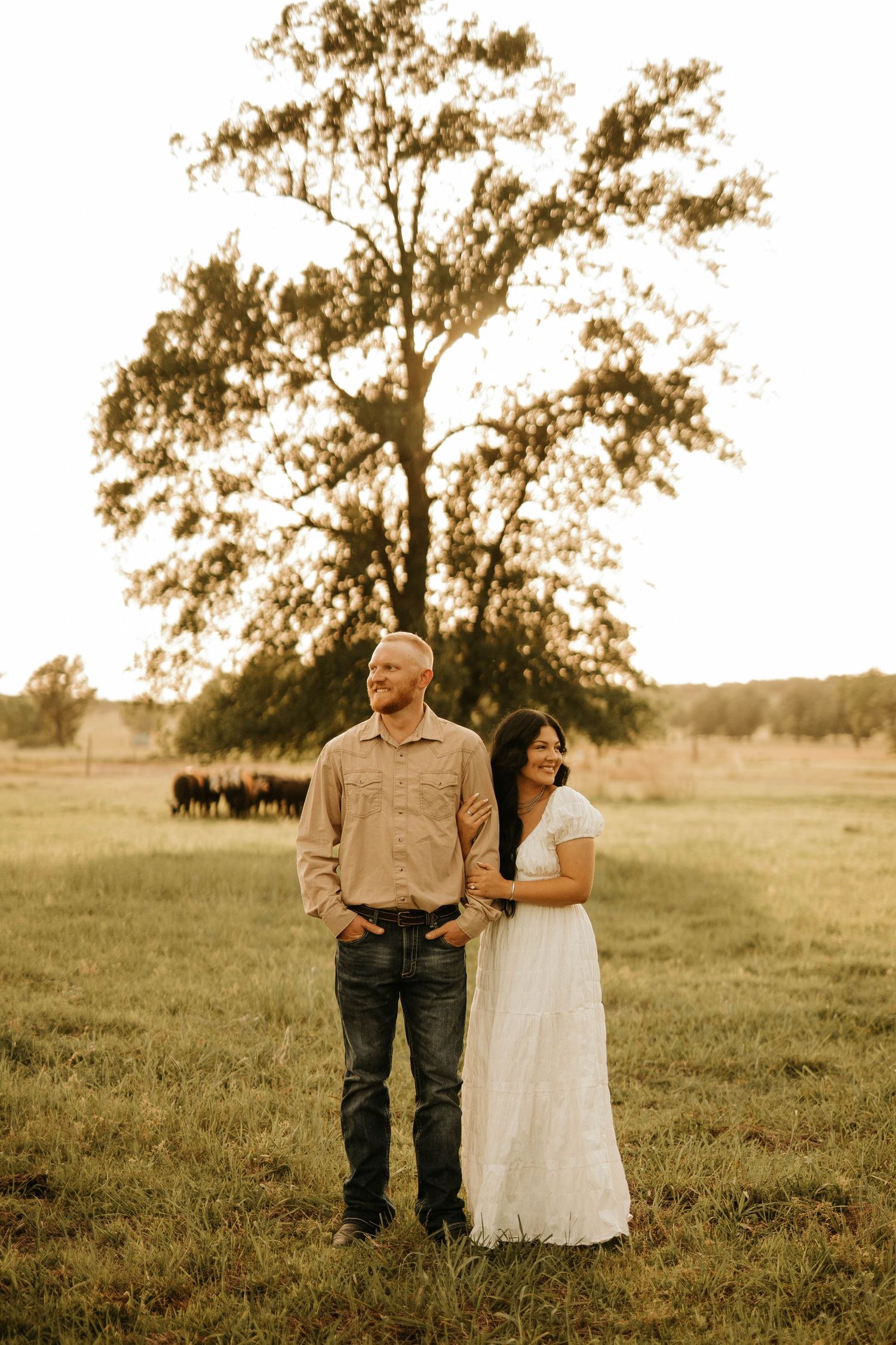 Couple standing together in a meadow with a majestic tree silhouetted against the evening sky.