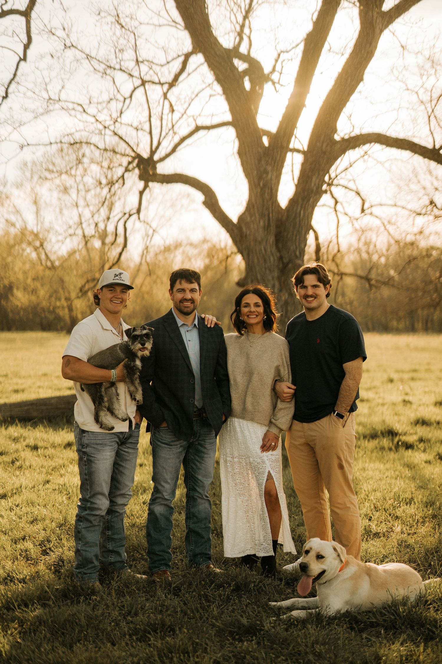 Family of four poses with two dogs in golden hour sunlight beneath a large tree in a grassy field.