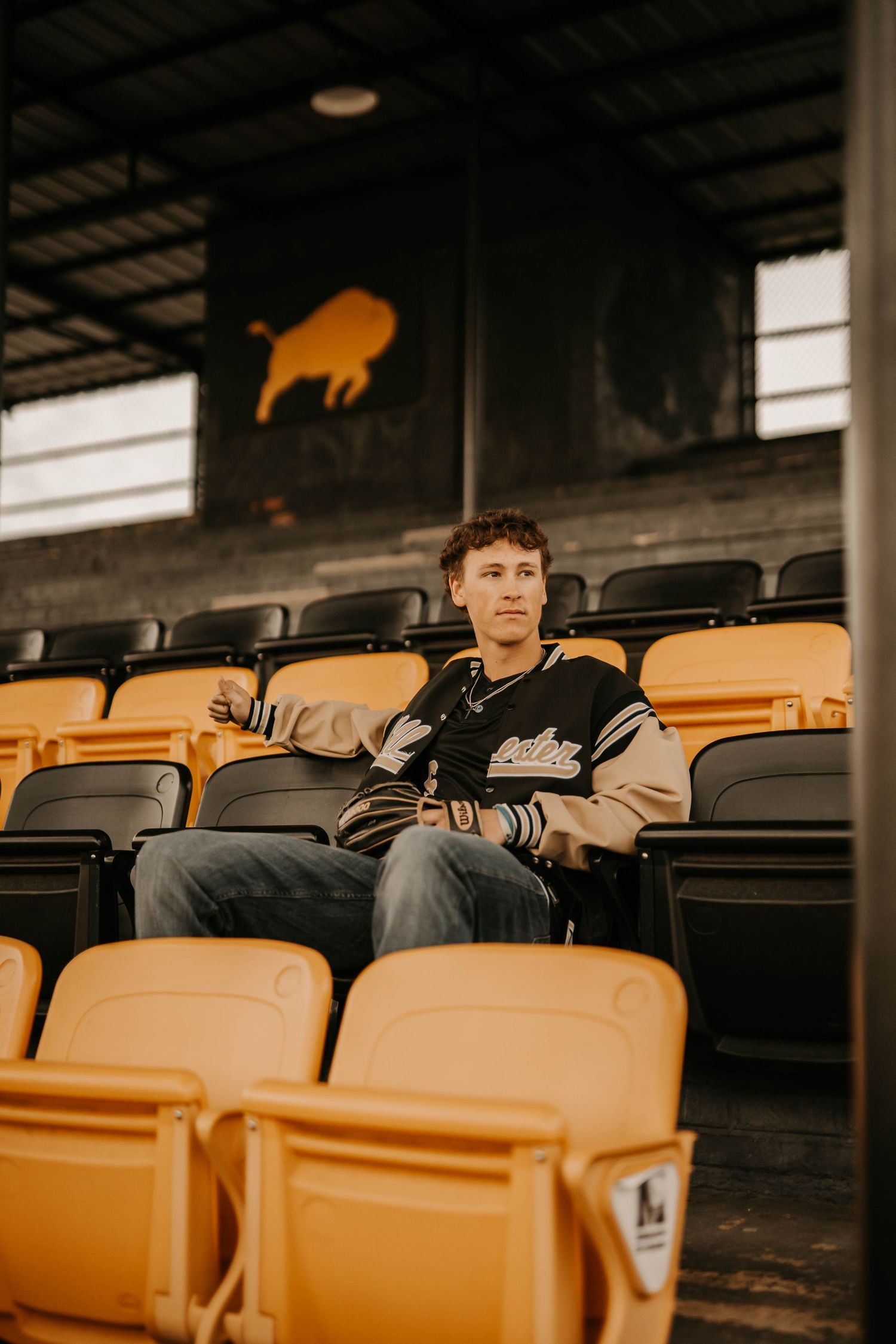 Person in stadium seating with buffalo logo visible in background during golden hour.