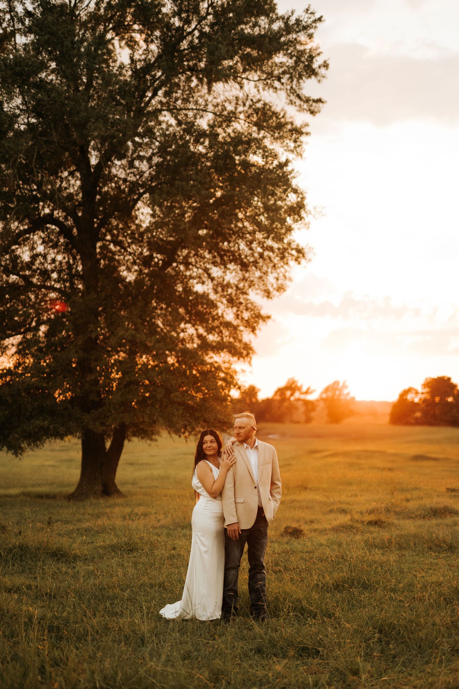 Bride and groom embracing in a golden sunset field with a large oak tree backdrop.
