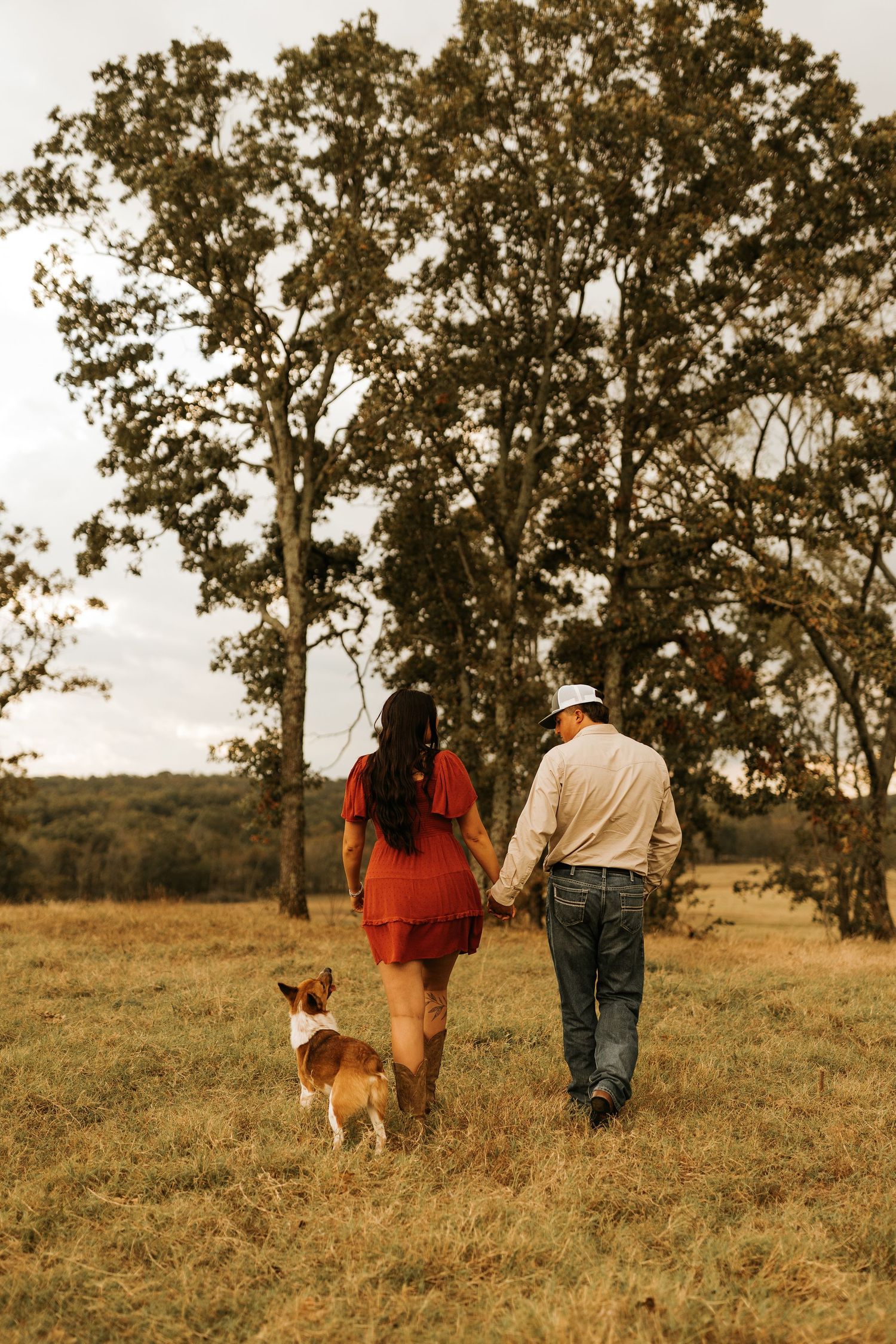 A couple holding hands walks through a golden field with their small dog, surrounded by tall trees under an overcast sky.