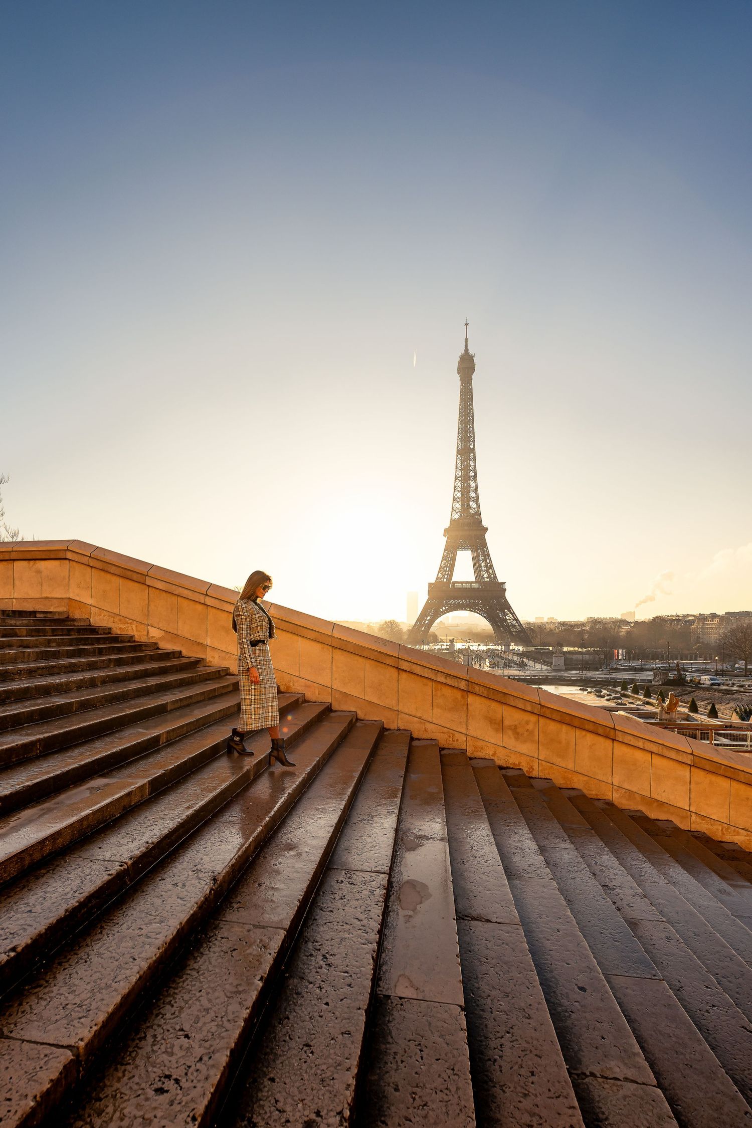 Panoramic sequence of Eiffel Tower view from Trocadero steps at sunrise in Paris, France.