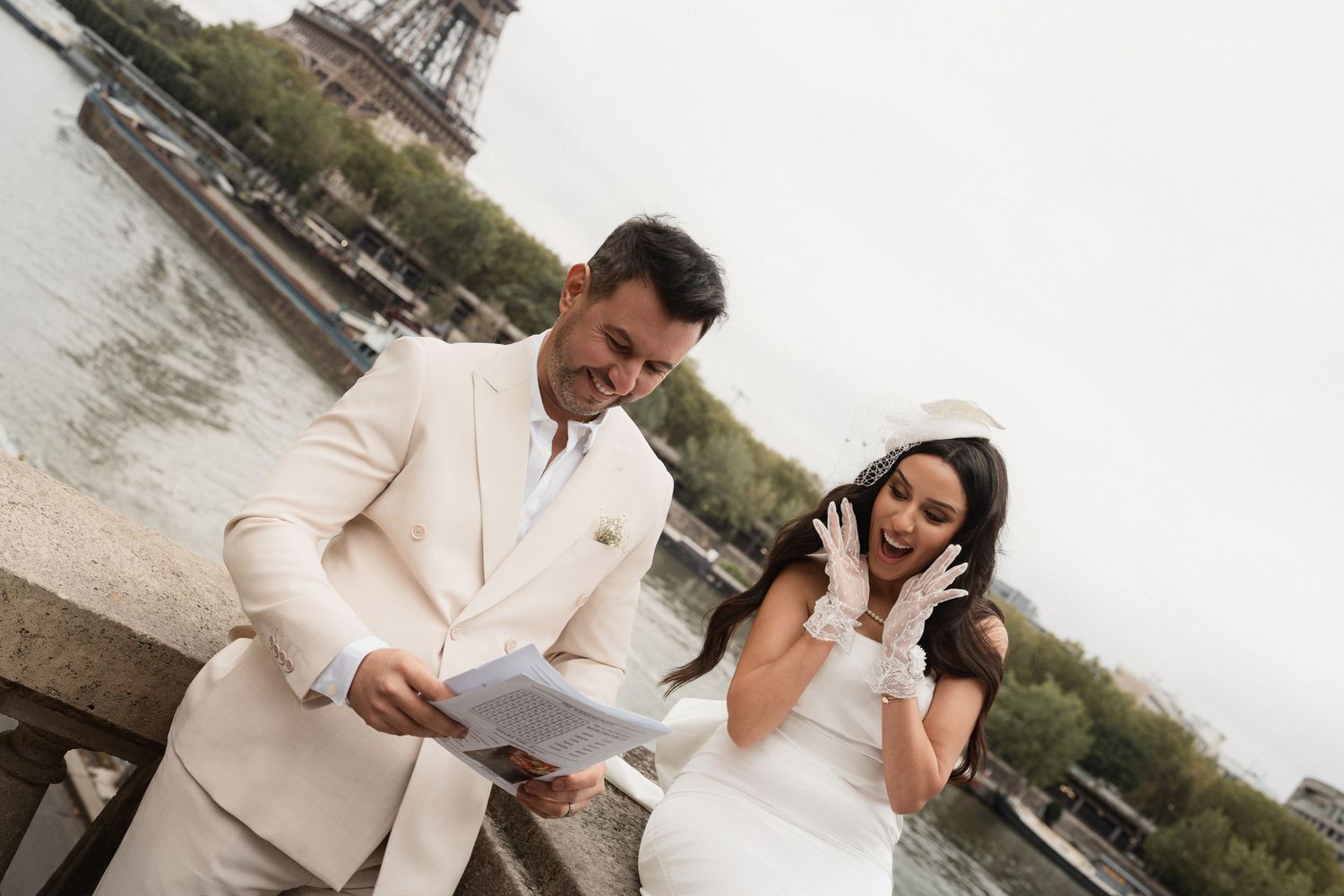 Romantic couple sharing intimate moments near the Eiffel Tower in Paris during sunset.