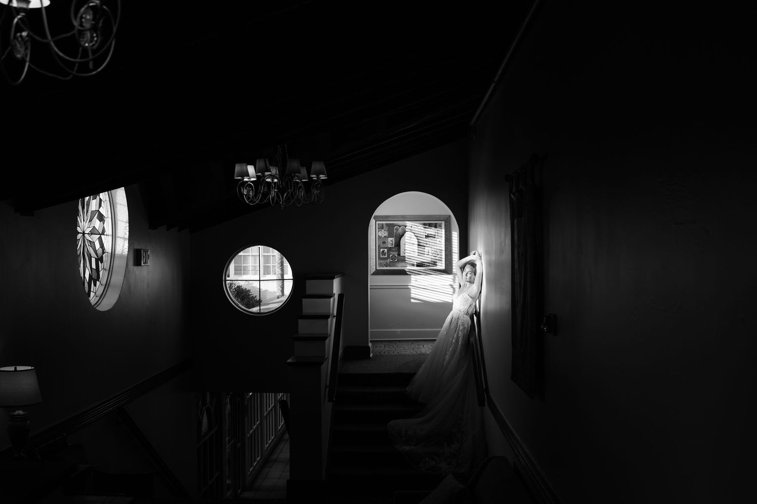 A series of dark and moody black and white film noir style photographs showing shadowy urban scenes.
