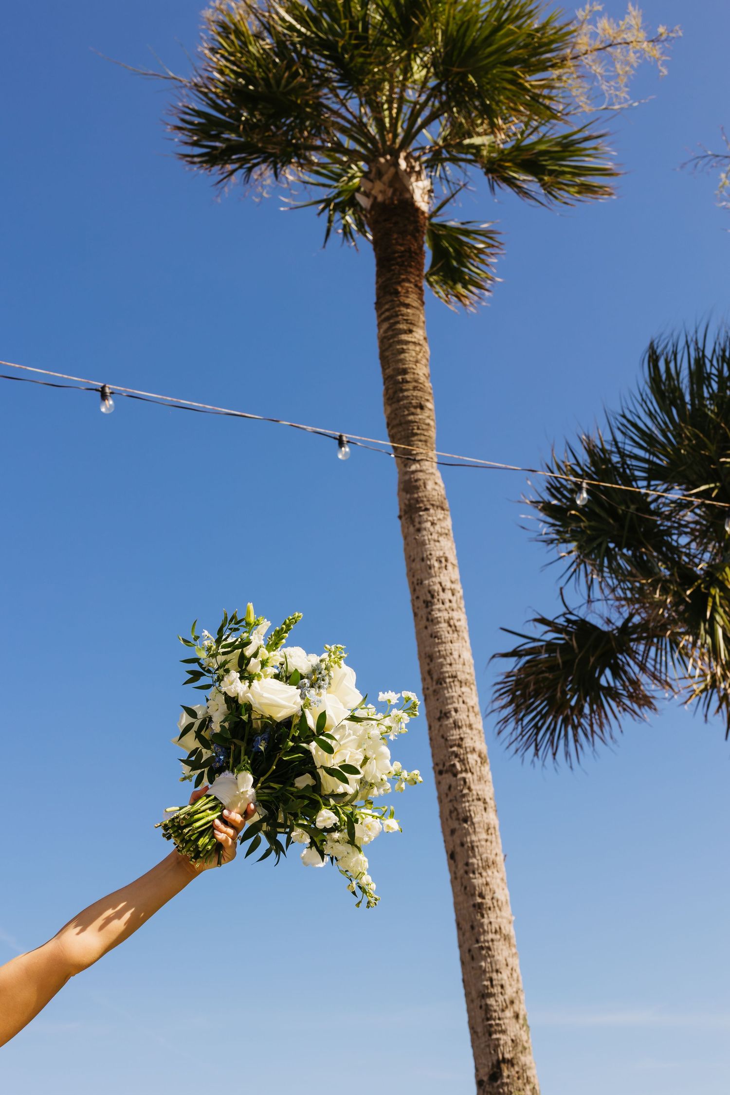 A hand holds up a white floral bouquet against a blue sky with palm trees and string lights overhead.