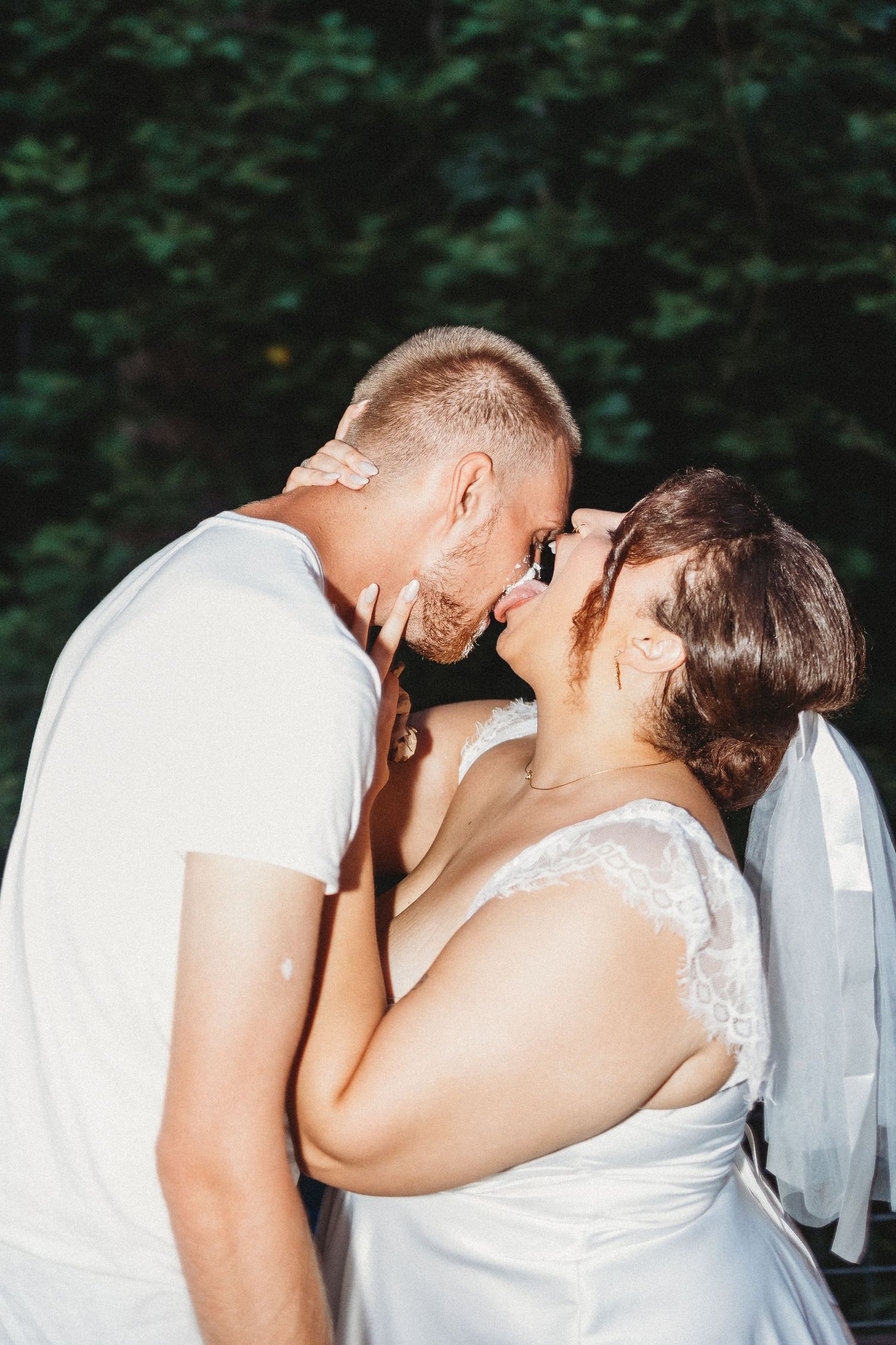 A romantic sequence of wedding photos showing a couple sharing tender kisses outdoors.
