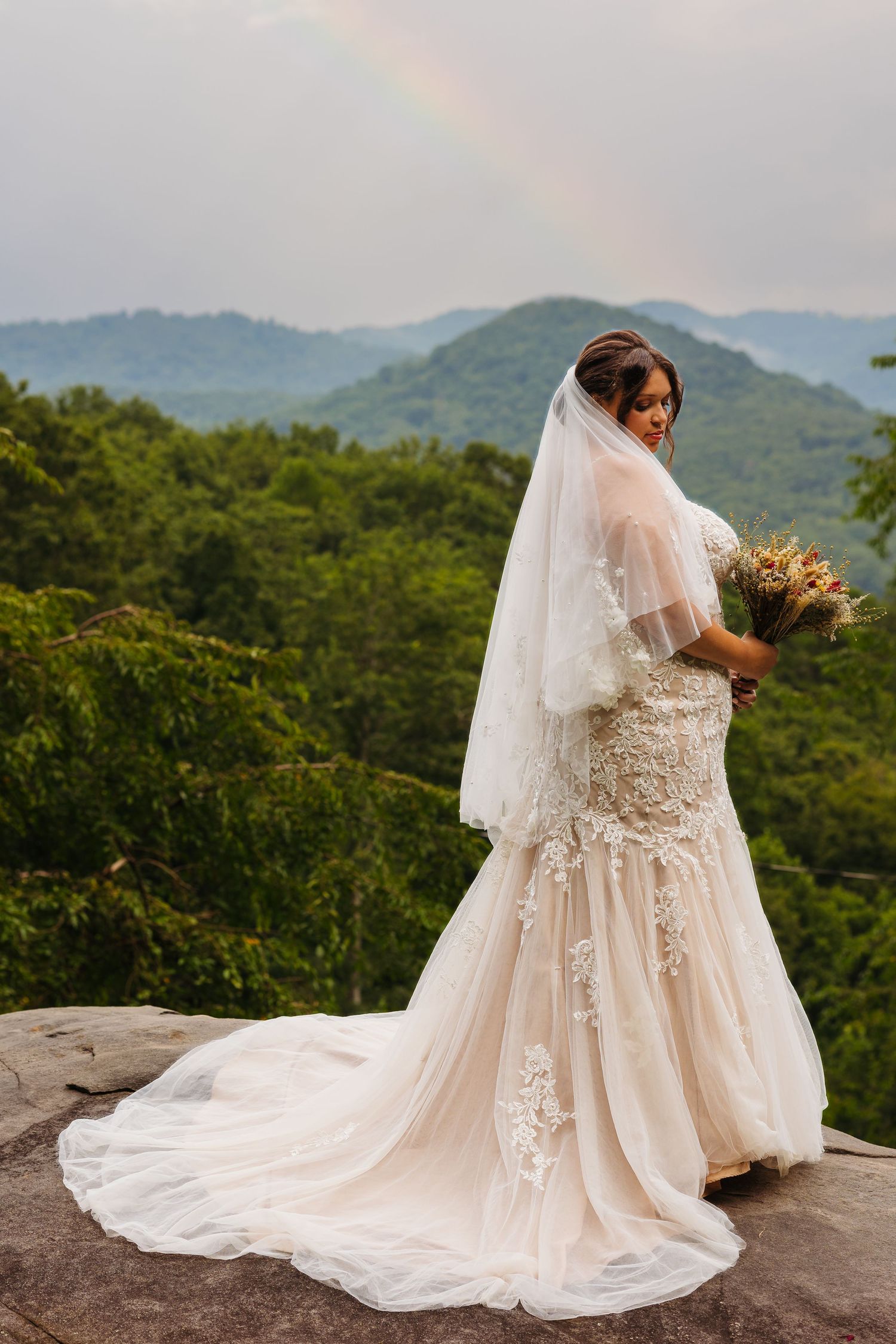 Bride in lace wedding dress with flowing veil sits on rocky mountain overlook with scenic forest vista in background.