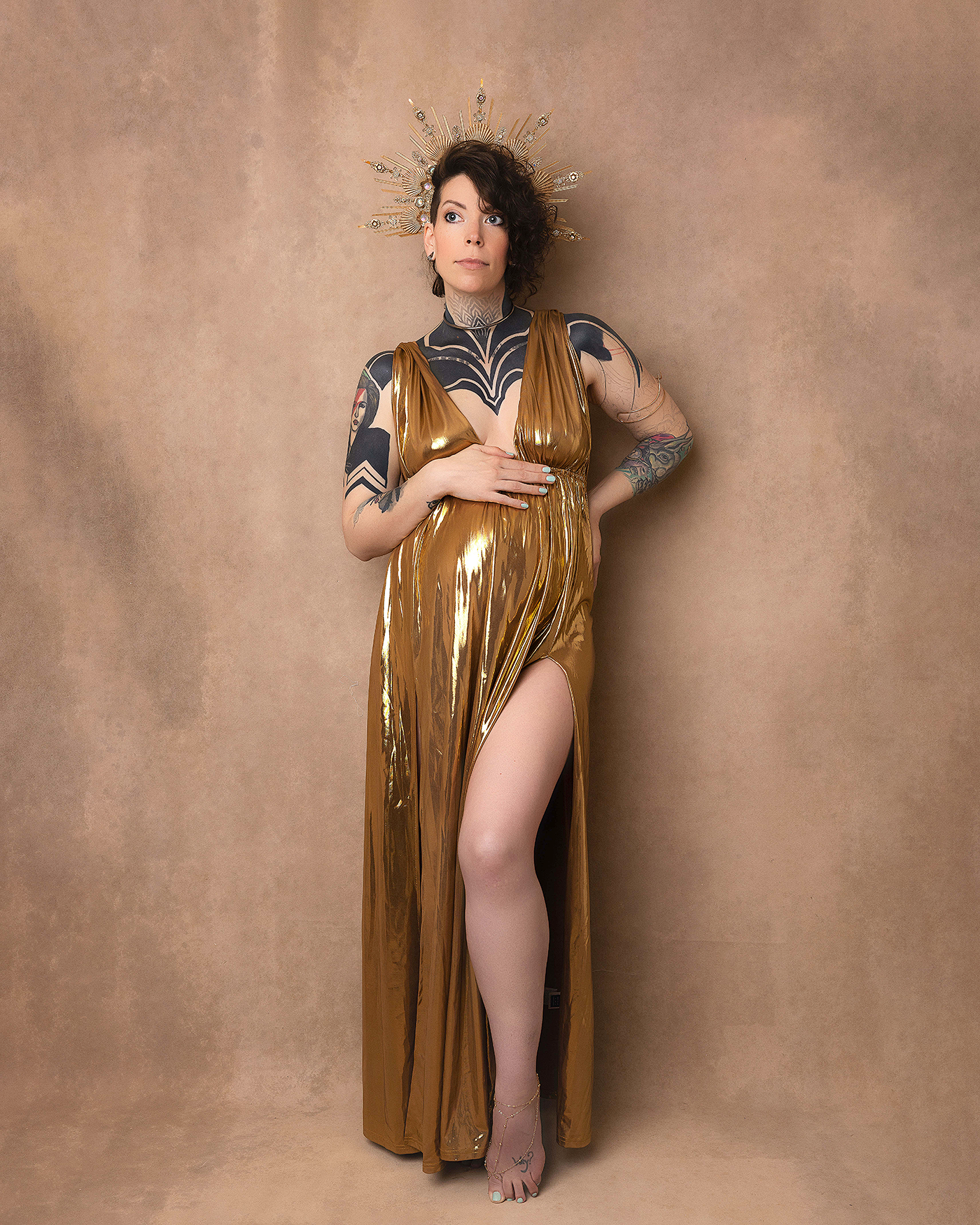 slim fit dress slacks Golden Sequin Side Slit Flare Sleeve Maternity Photoshoot Maxi Dress Golden / 2XL main image 0