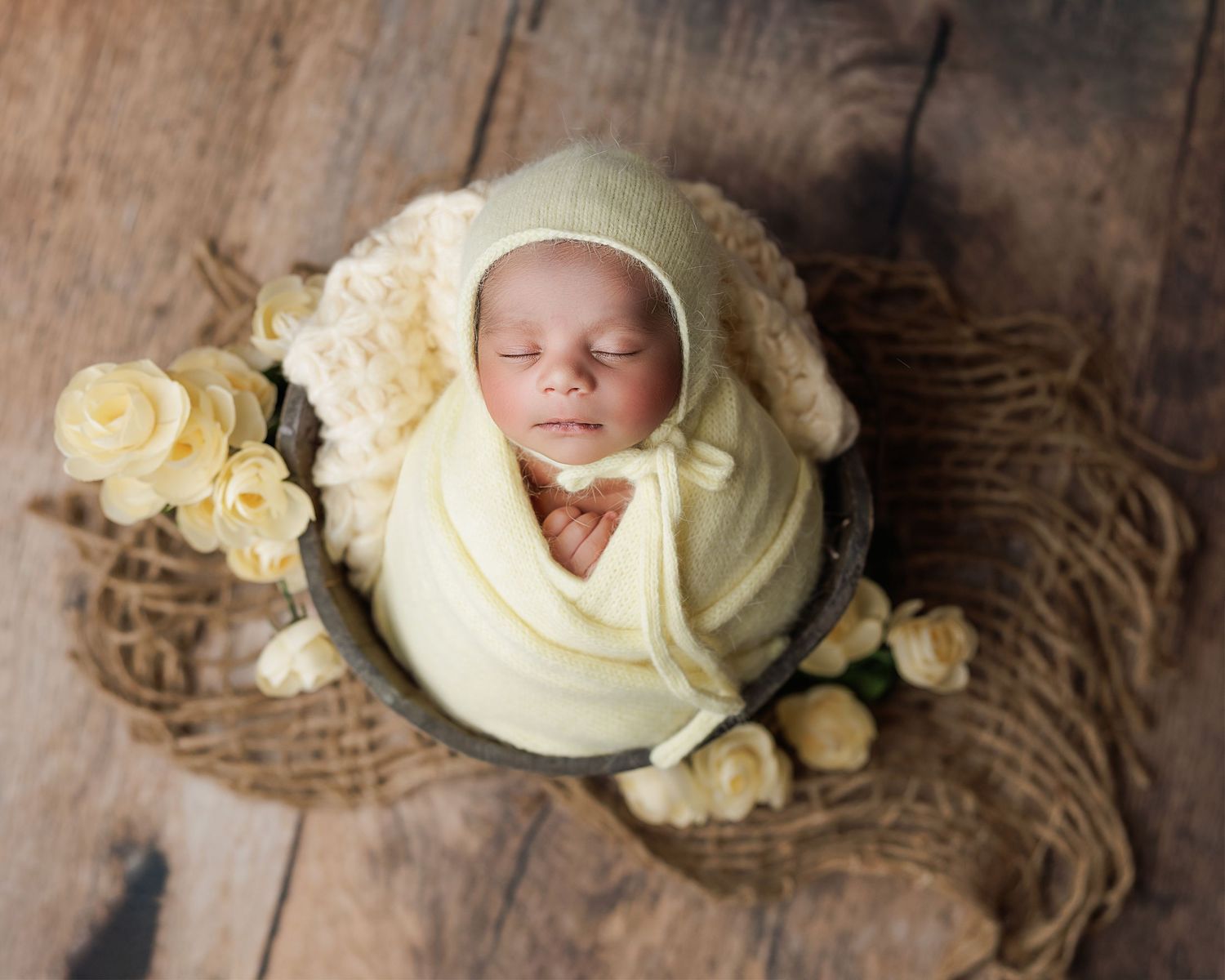 A series of newborn baby photography portraits with soft cream and yellow tones showing sleeping infants with floral accents.