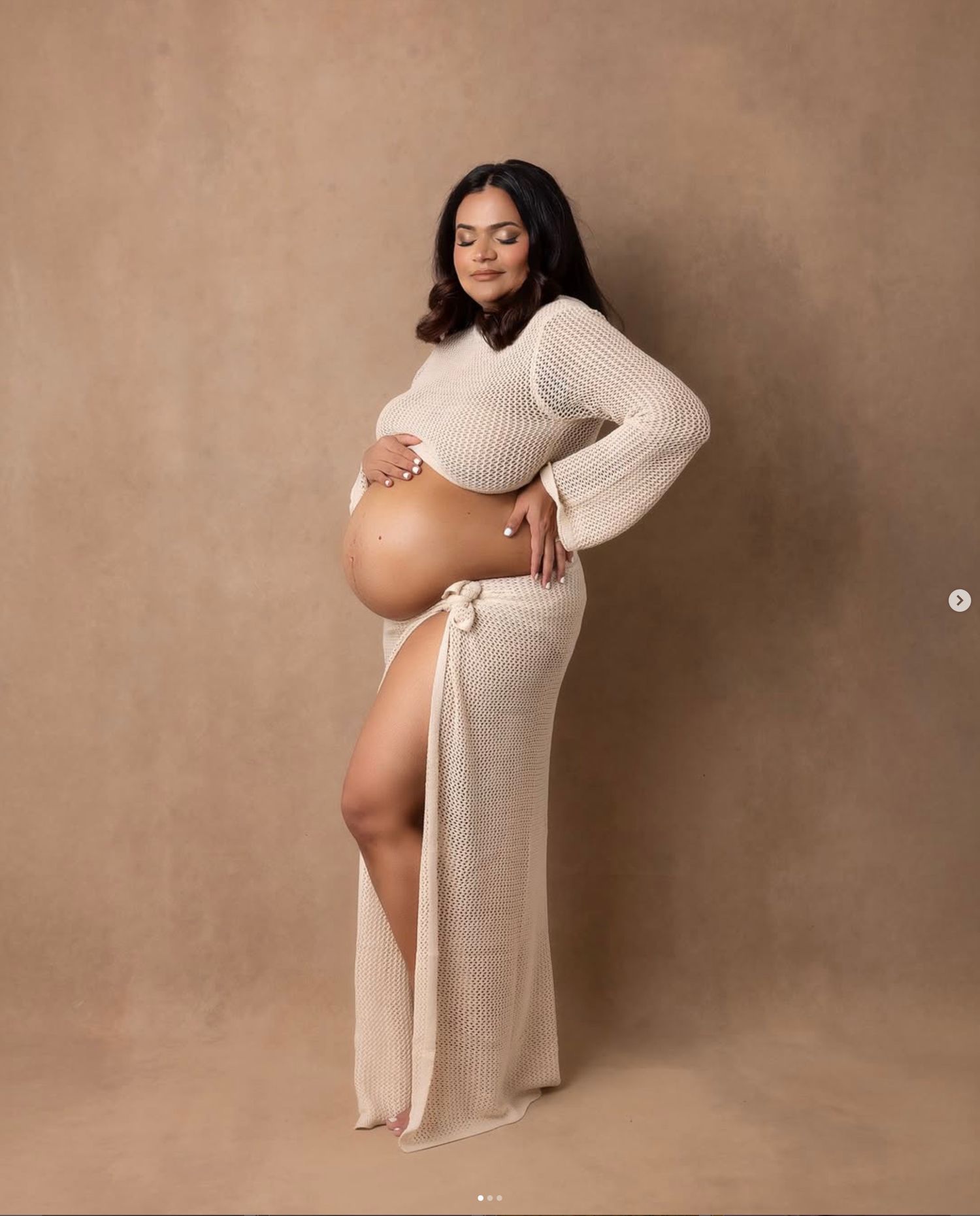A series of maternity portraits showing a pregnant woman in a cream-colored knit dress against a neutral backdrop.