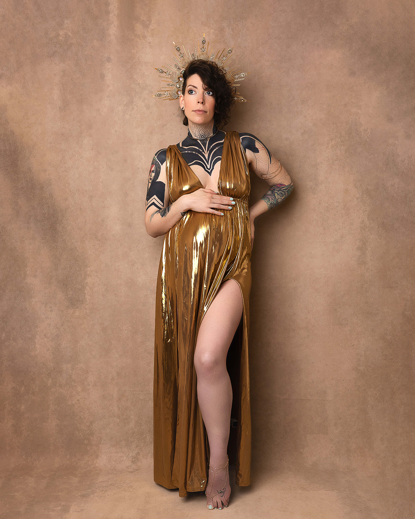 A model poses in a brown velvet dress with black trim against a textured brown backdrop in multiple artistic poses.