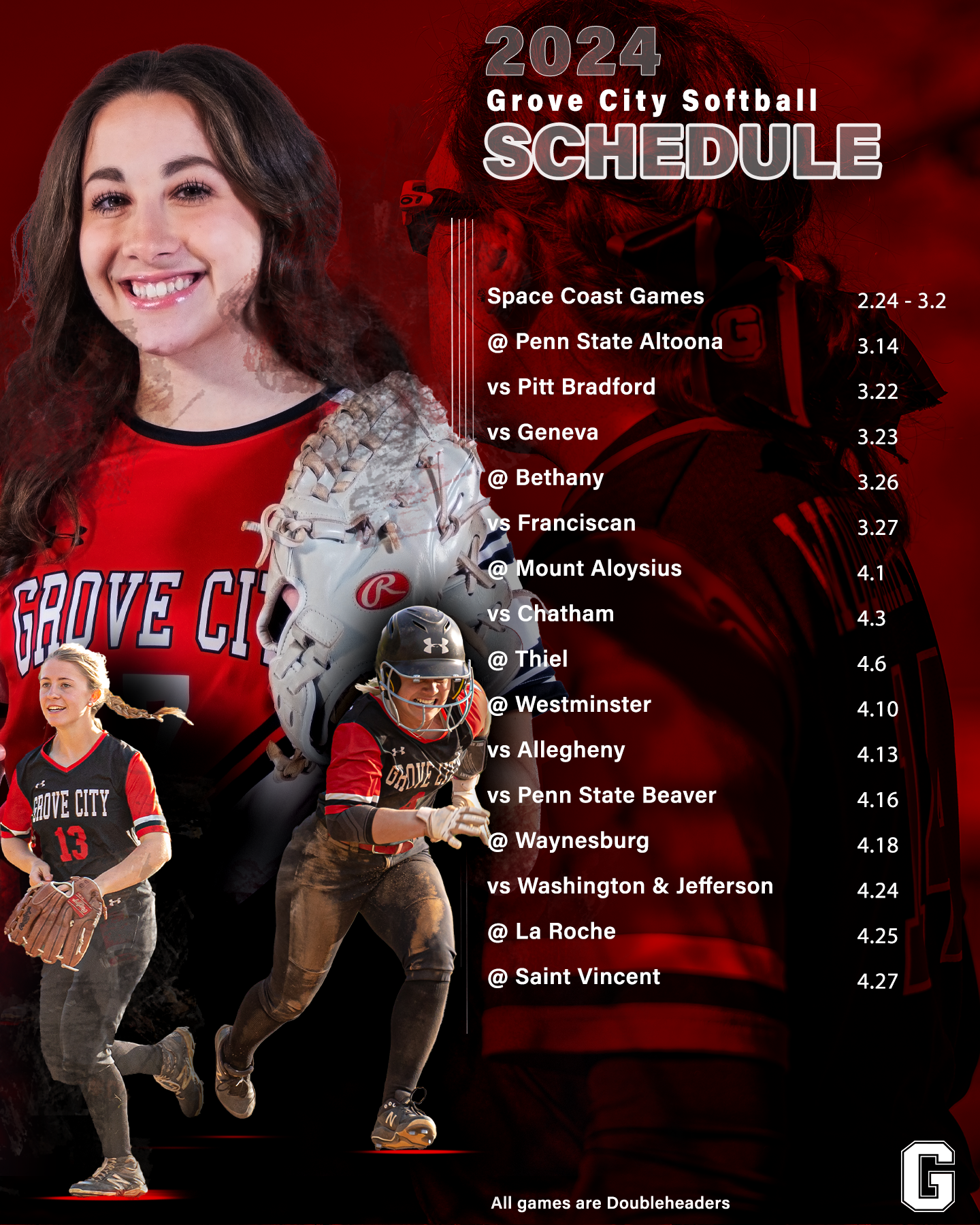 2024 Grove City softball schedule with player composite image.