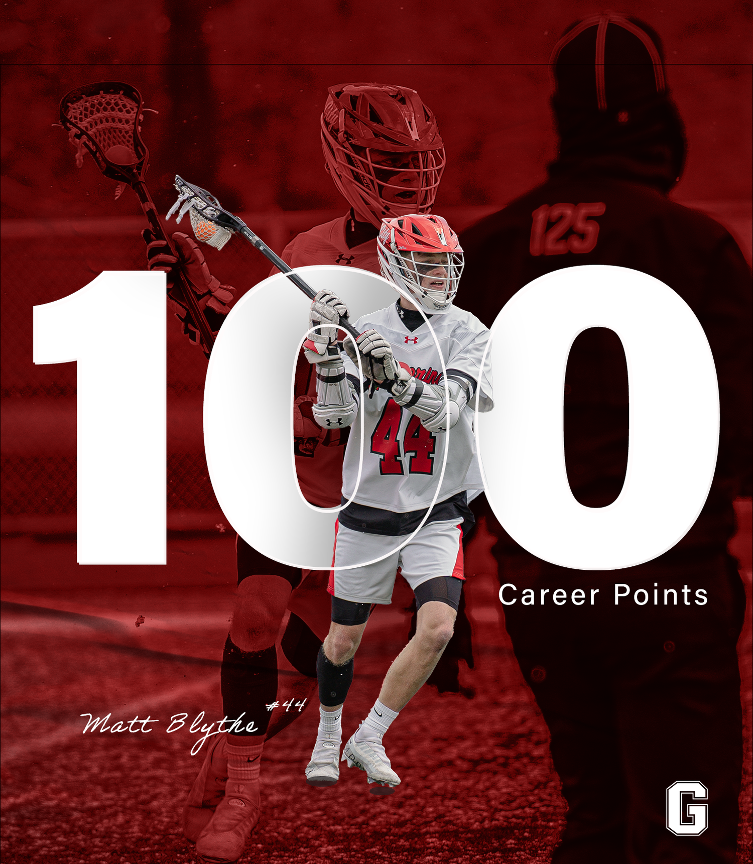 A red-tinted sports graphic showcasing career points achievement in women's lacrosse.