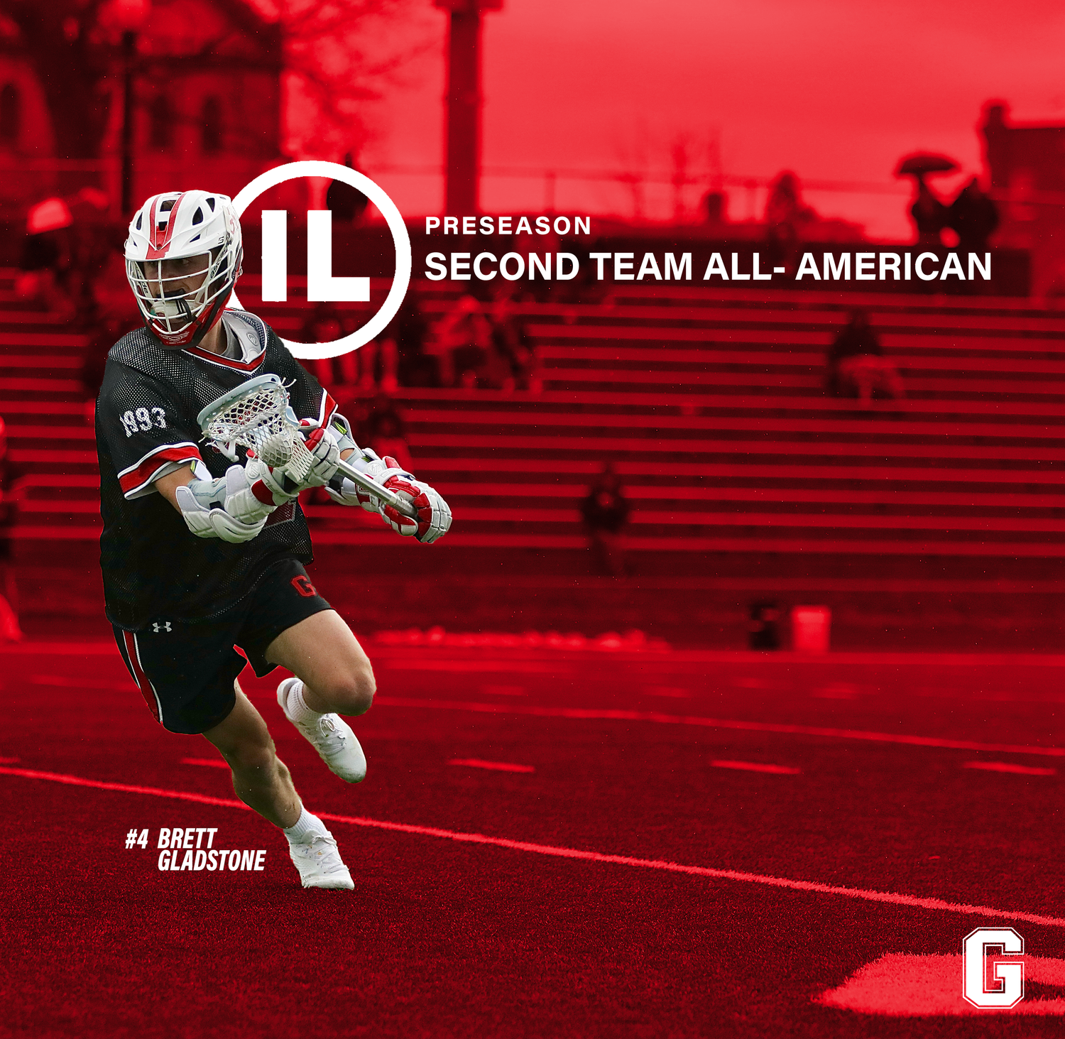 Lacrosse player in action with preseason all-American text overlay.
