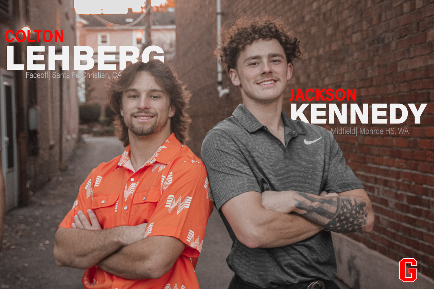 Team photo of collegiate athletes posing in front of brick wall with text overlay.