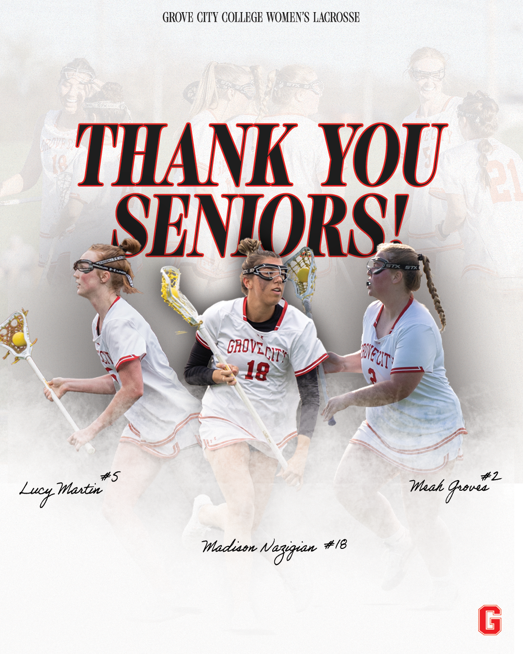 A banner design showing 'Thank You Seniors' text with lacrosse player silhouettes in white and grey tones.