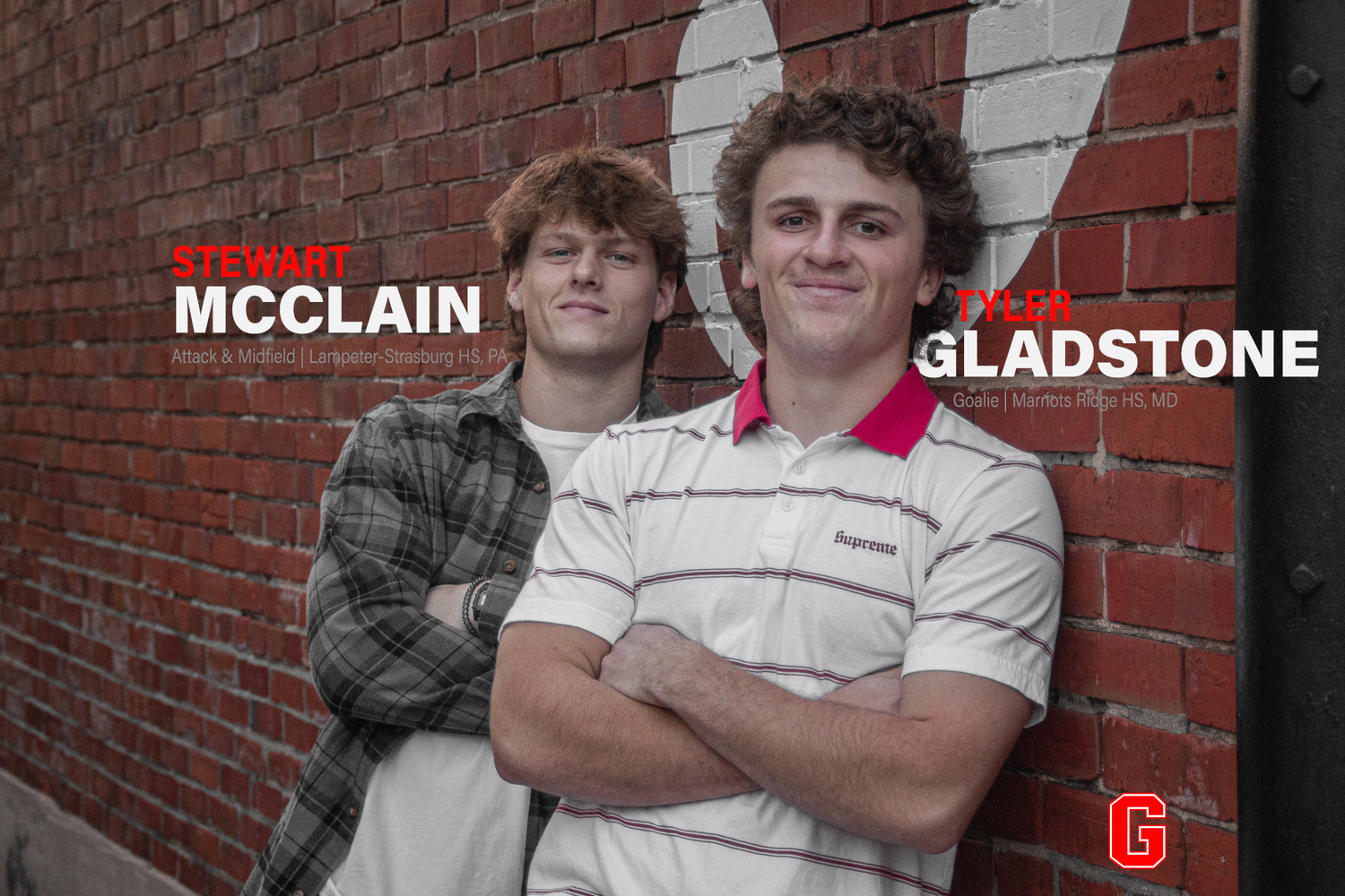 Two athletes posed against brick wall with text overlay.