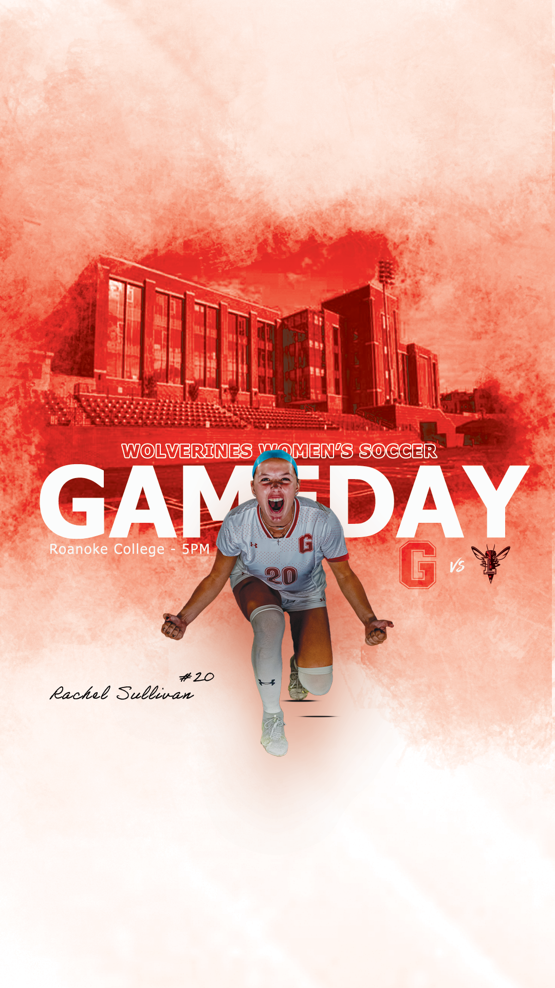 Red and white gradient gameday graphic featuring lacrosse players and campus buildings.