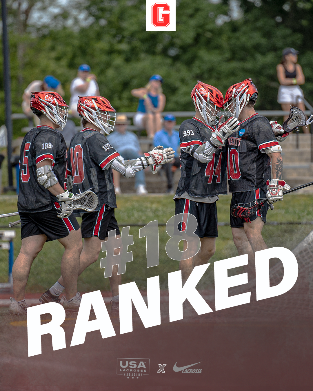 Row of lacrosse players in action shots with numbered jerseys on dark background.