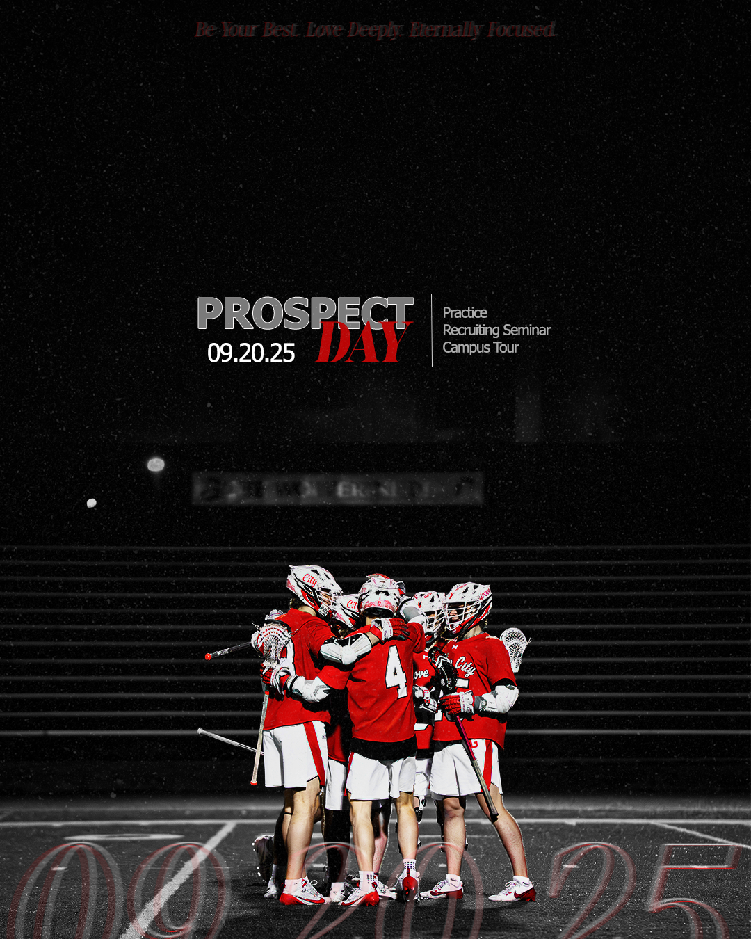 A high school lacrosse team huddles together in red and white uniforms during a nighttime game on a dark field.