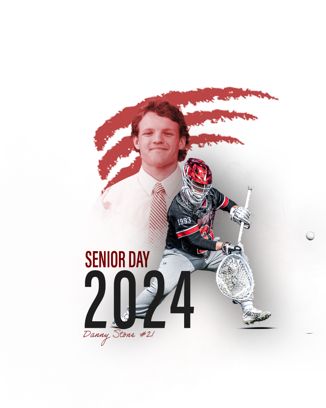 White banner design with lacrosse player silhouettes and '2024 Senior Day' text.
