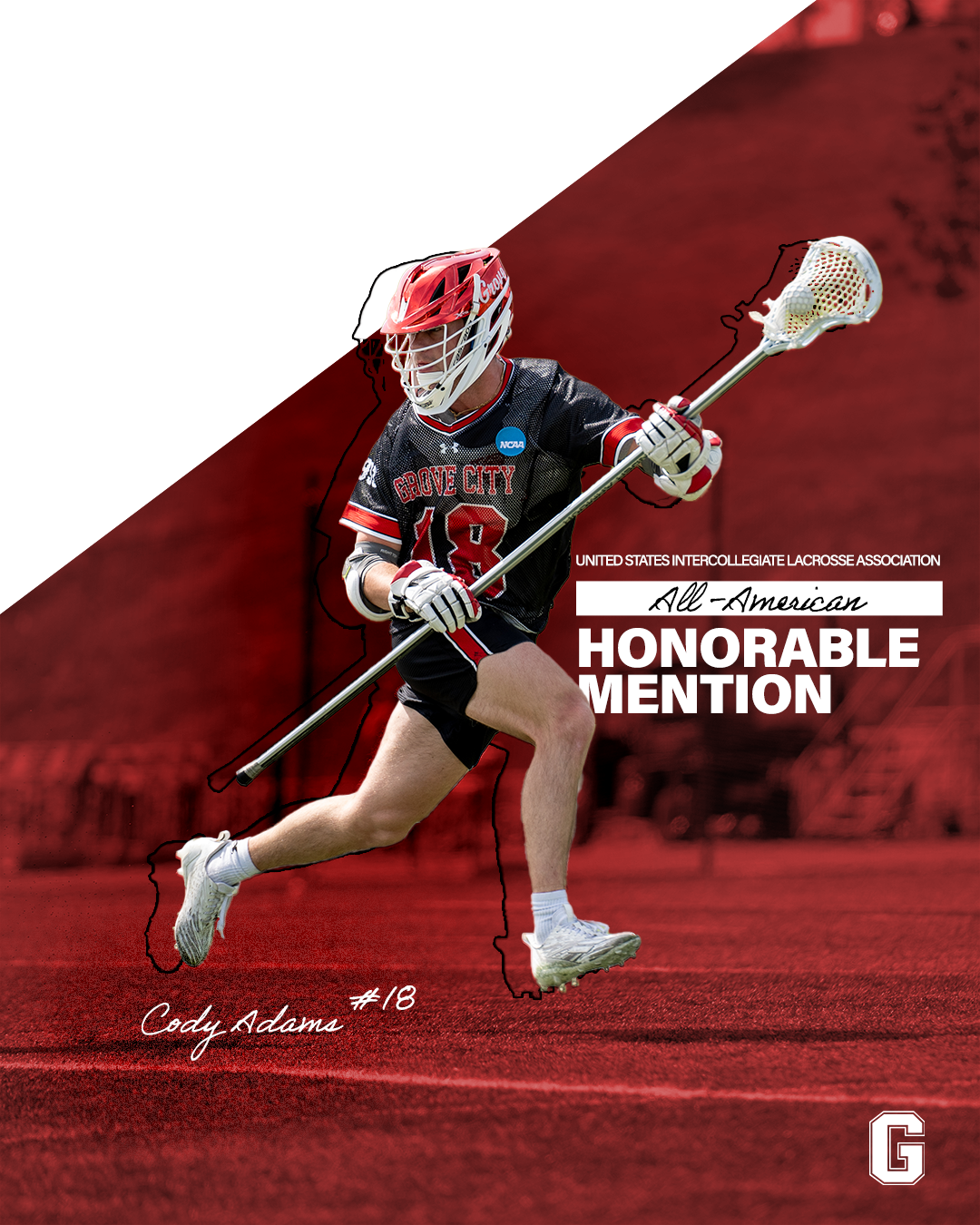 Athletic action shots showcasing dynamic lacrosse moves on a red-tinted field.