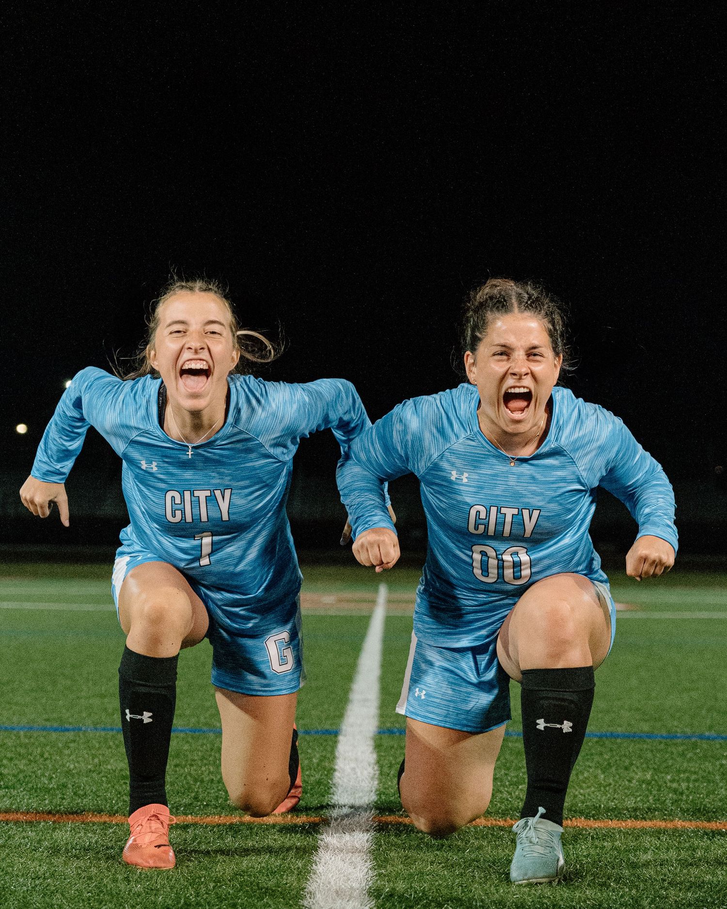Five sequential photos show soccer players in light blue uniforms celebrating together on a night field.