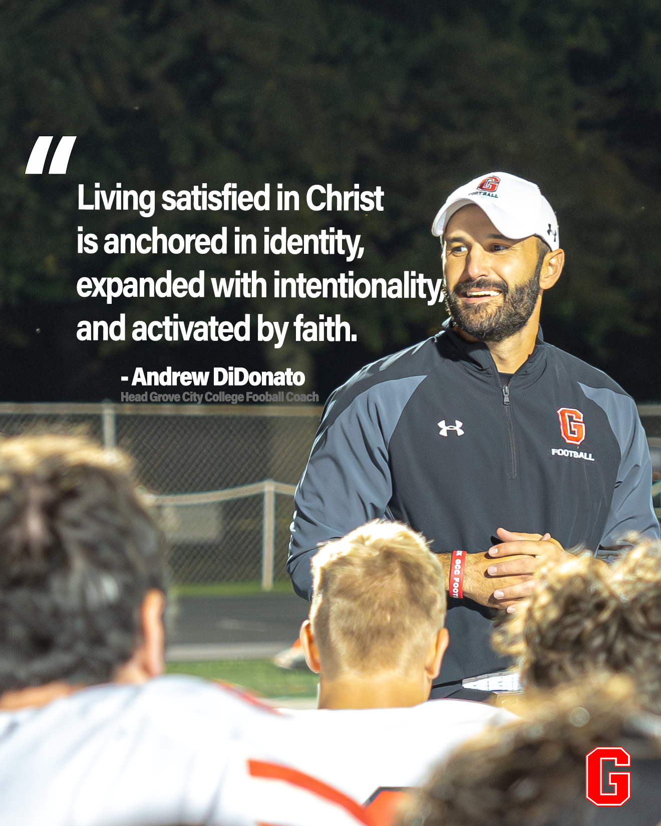 Motivational quote overlay on team huddle photo during night practice.