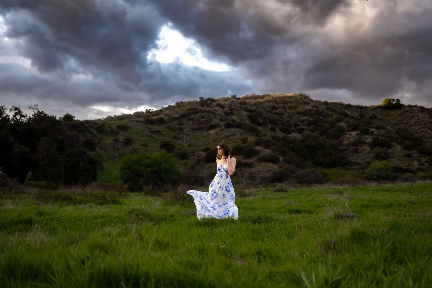Dramatic cloudy landscape with rolling hills and figure in flowing dress in distance.