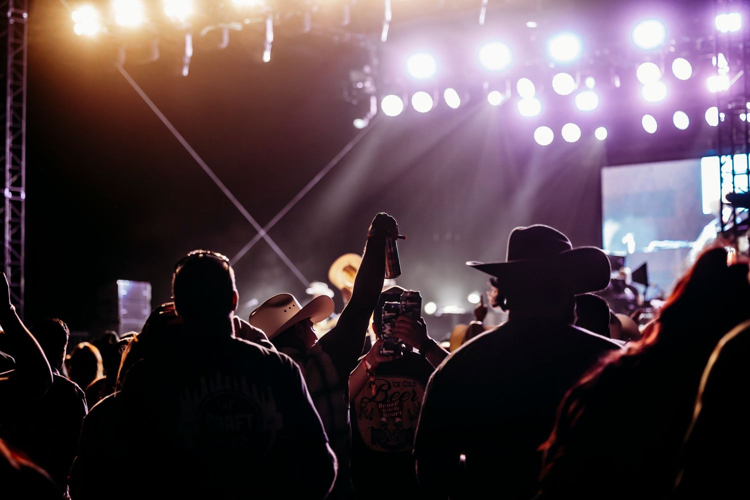 Silhouetted concert crowd with raised hands against bright stage lighting.