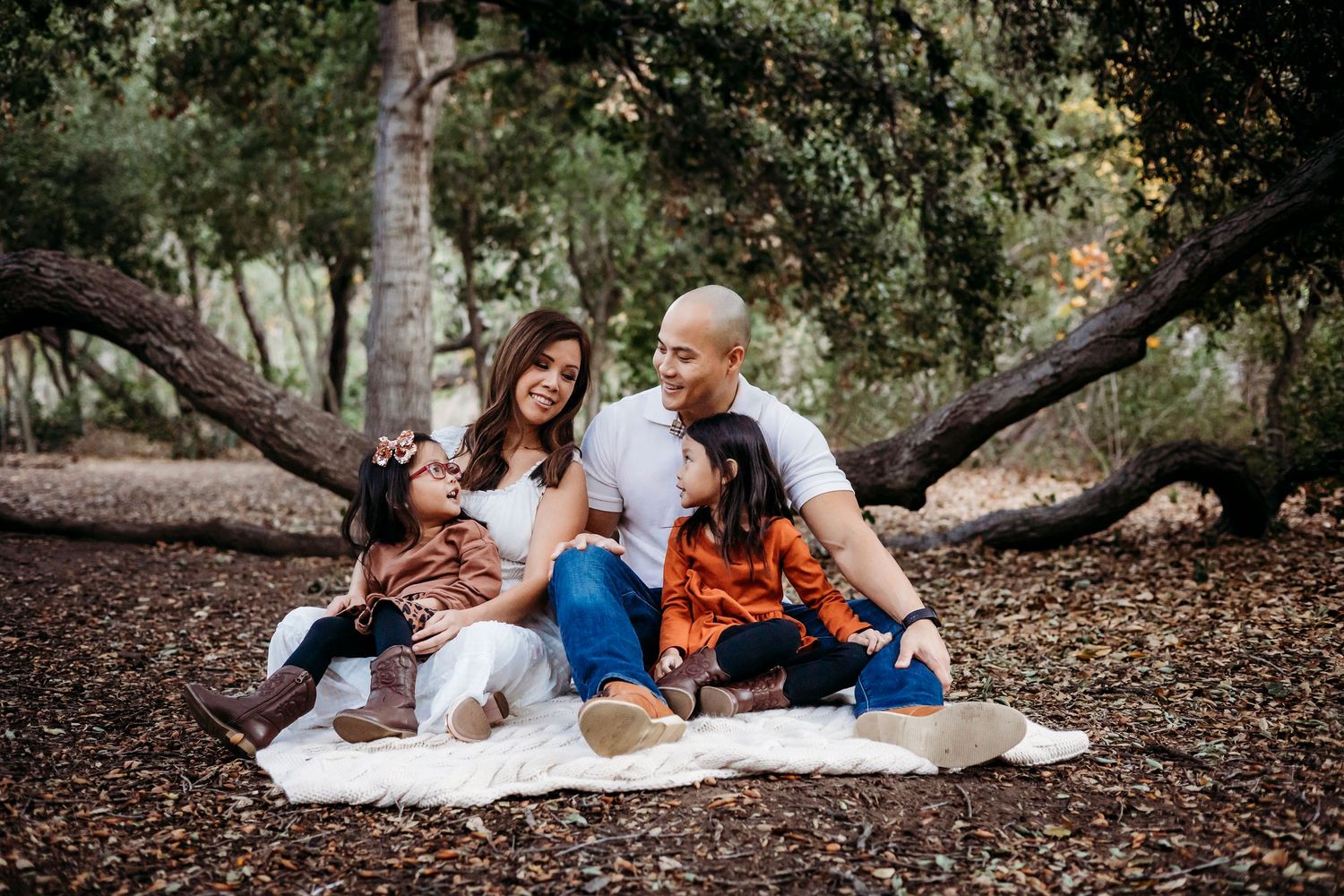 Family enjoying a picnic together on a blanket under shady trees in Anaheim.