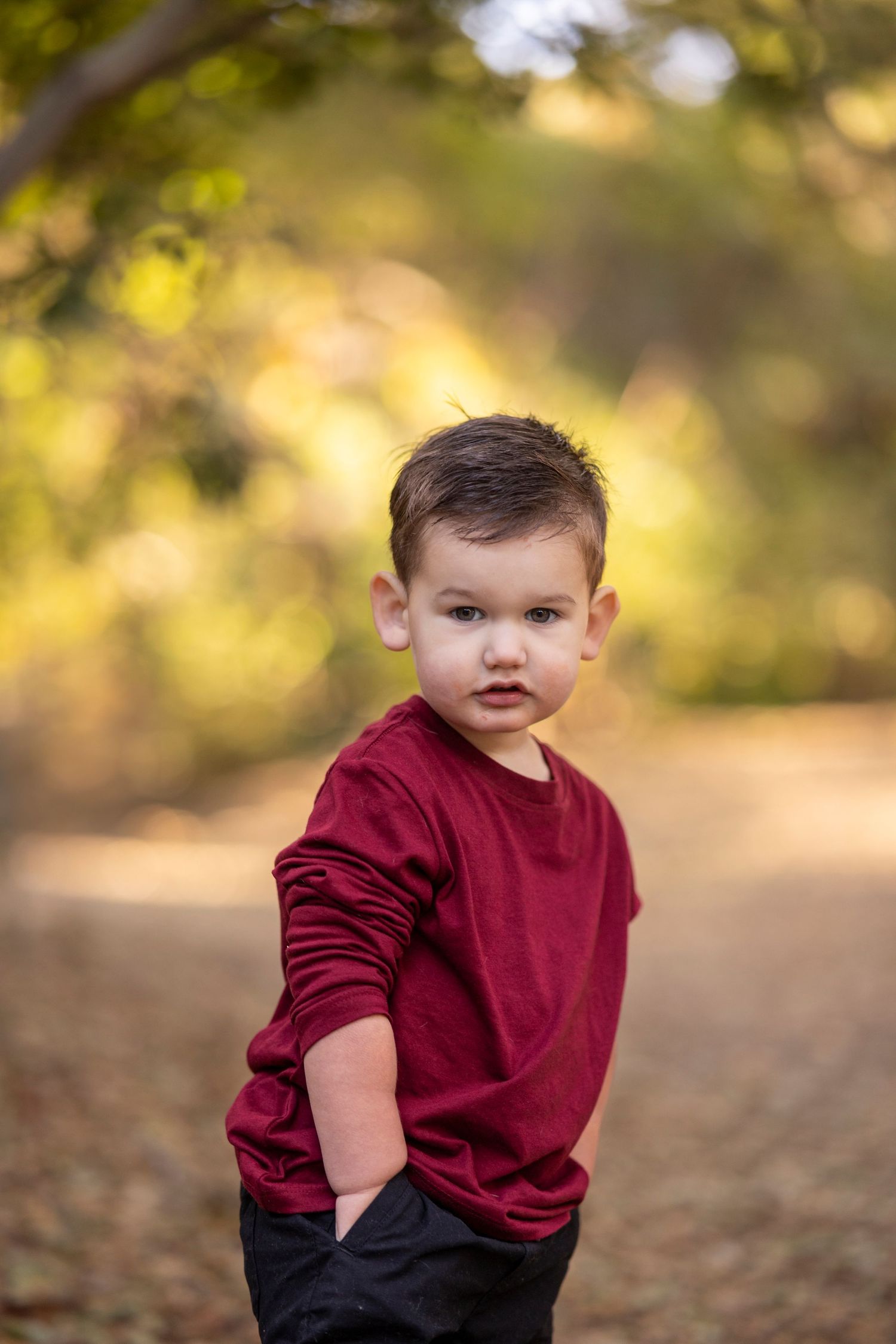 Child wearing burgundy sweater poses outdoors with autumn foliage in background.